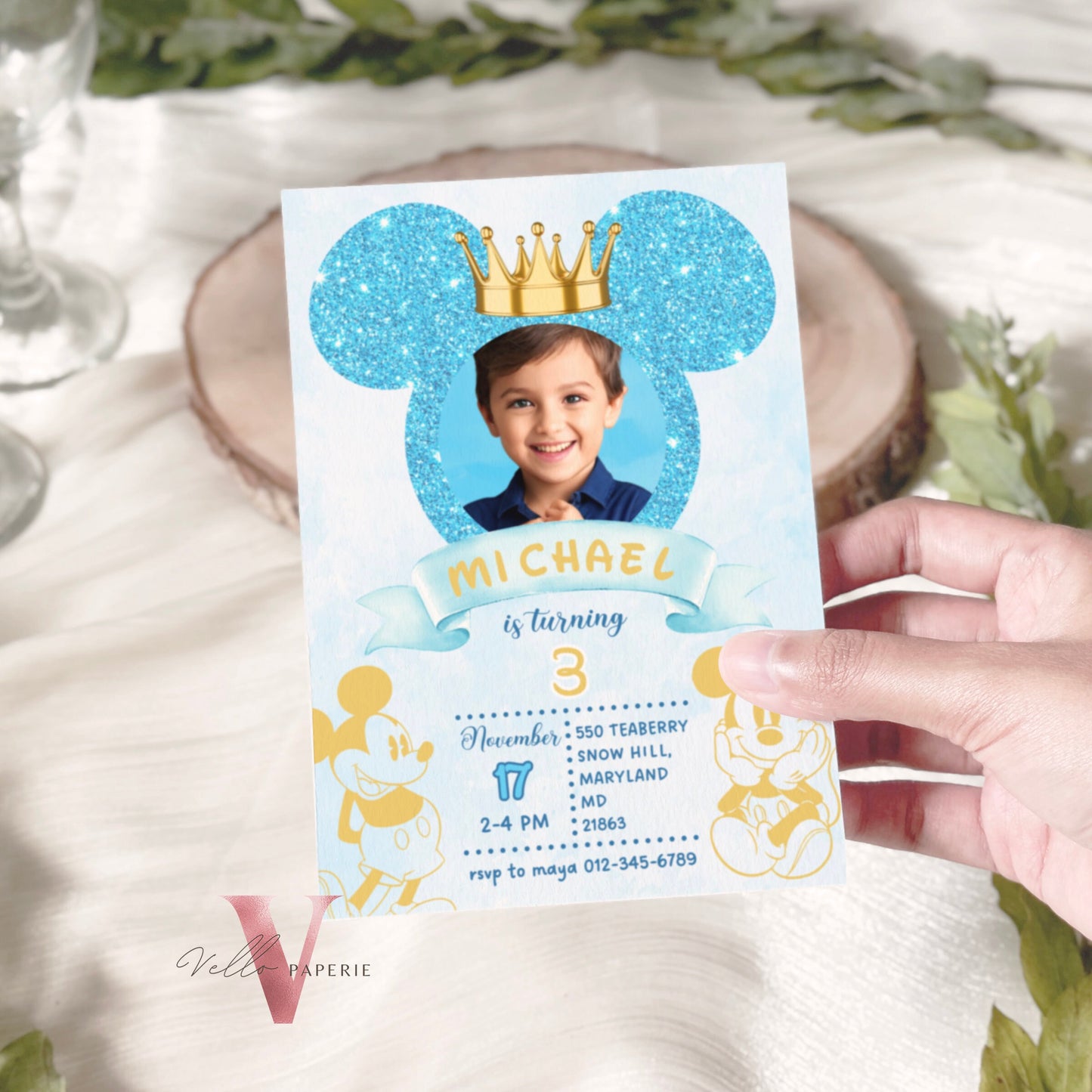 Photo Blue Glitter Royal Mickey Birthday Invitation | Editable Printable Blue Gold Mickey Birthday Party Invite with Photo Instant Download