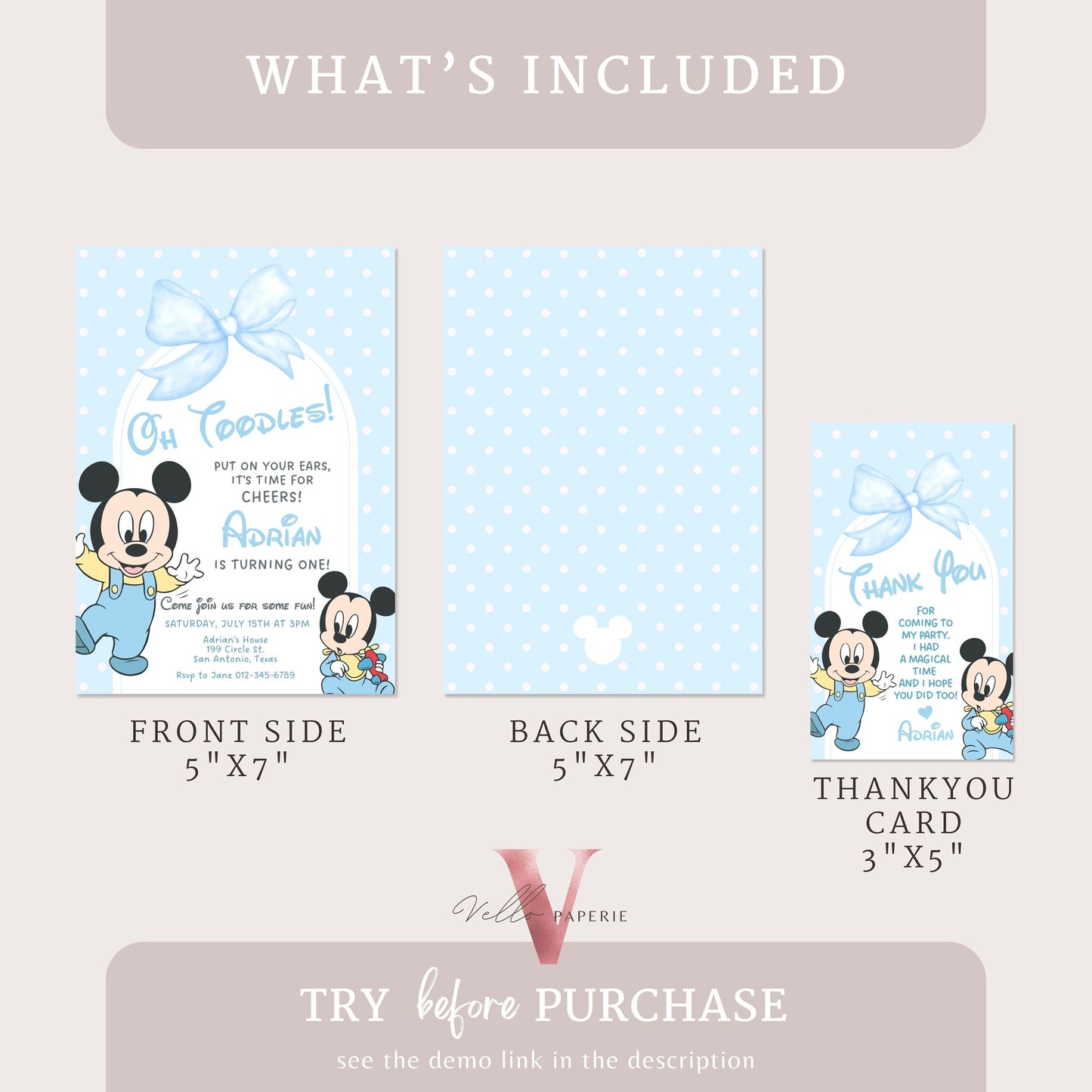 Oh Twodles Mickey Birthday Invitation | Editable Printable Watercolor Blue Mickey Birthday Party Invite | Mickey Twodles Instant Download