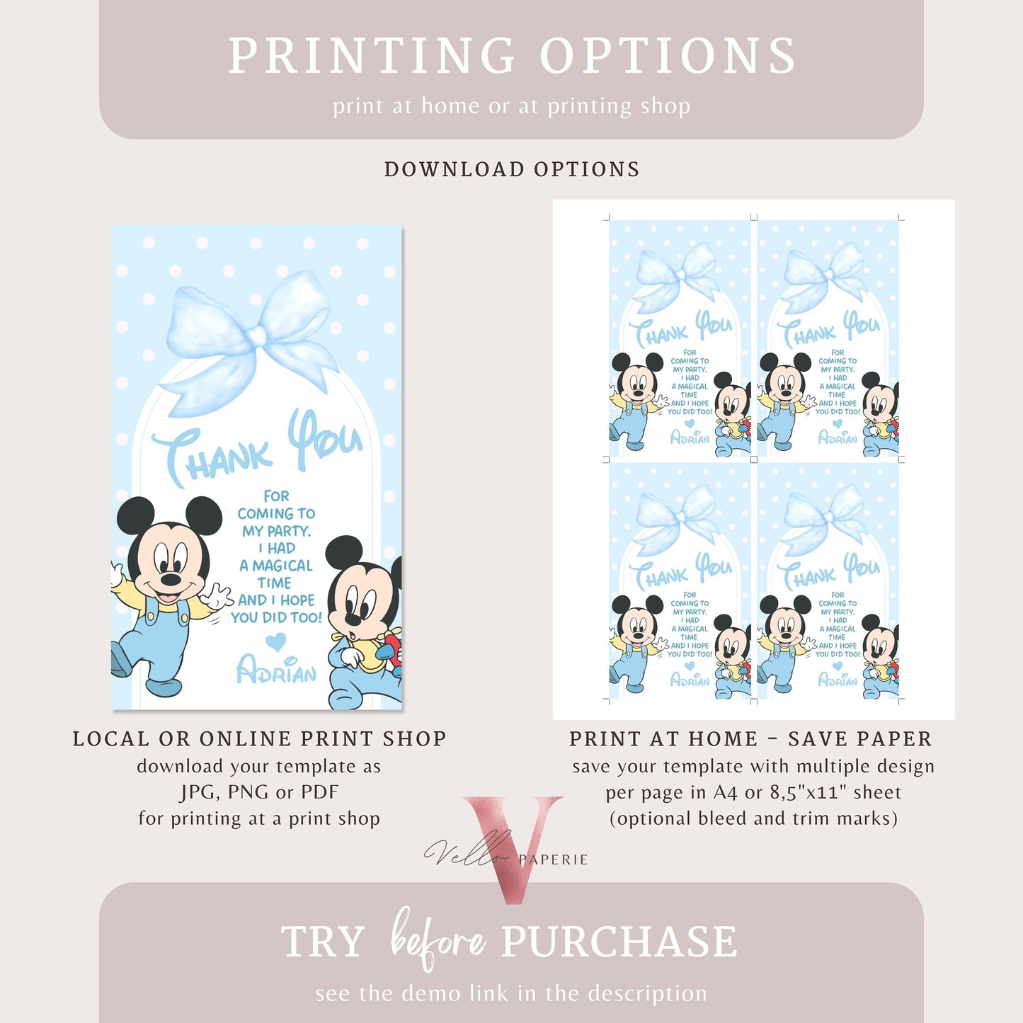 Oh Twodles Mickey Birthday Thankyou Card | Editable Printable Soft Blue Mickey Birthday Party Favor Tag | Gift Tag Instant Download