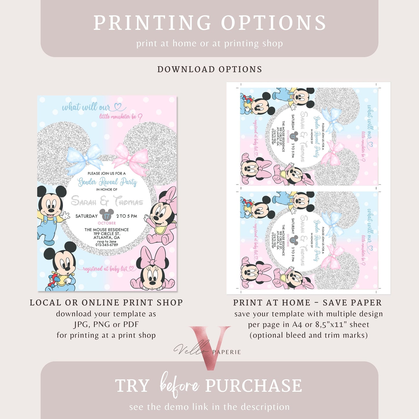 Minnie Mickey Baby Shower Invitation | Editable Printable Blue Pink Baby Shower Party Invite | Mouseketeer Gender Reveal Party Invite MBS01