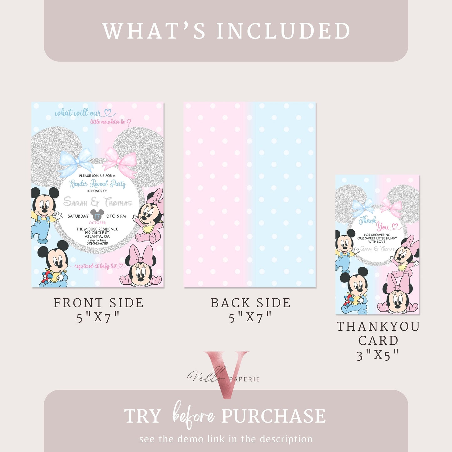Minnie Mickey Baby Shower Invitation | Editable Printable Blue Pink Baby Shower Party Invite | Mouseketeer Gender Reveal Party Invite MBS01