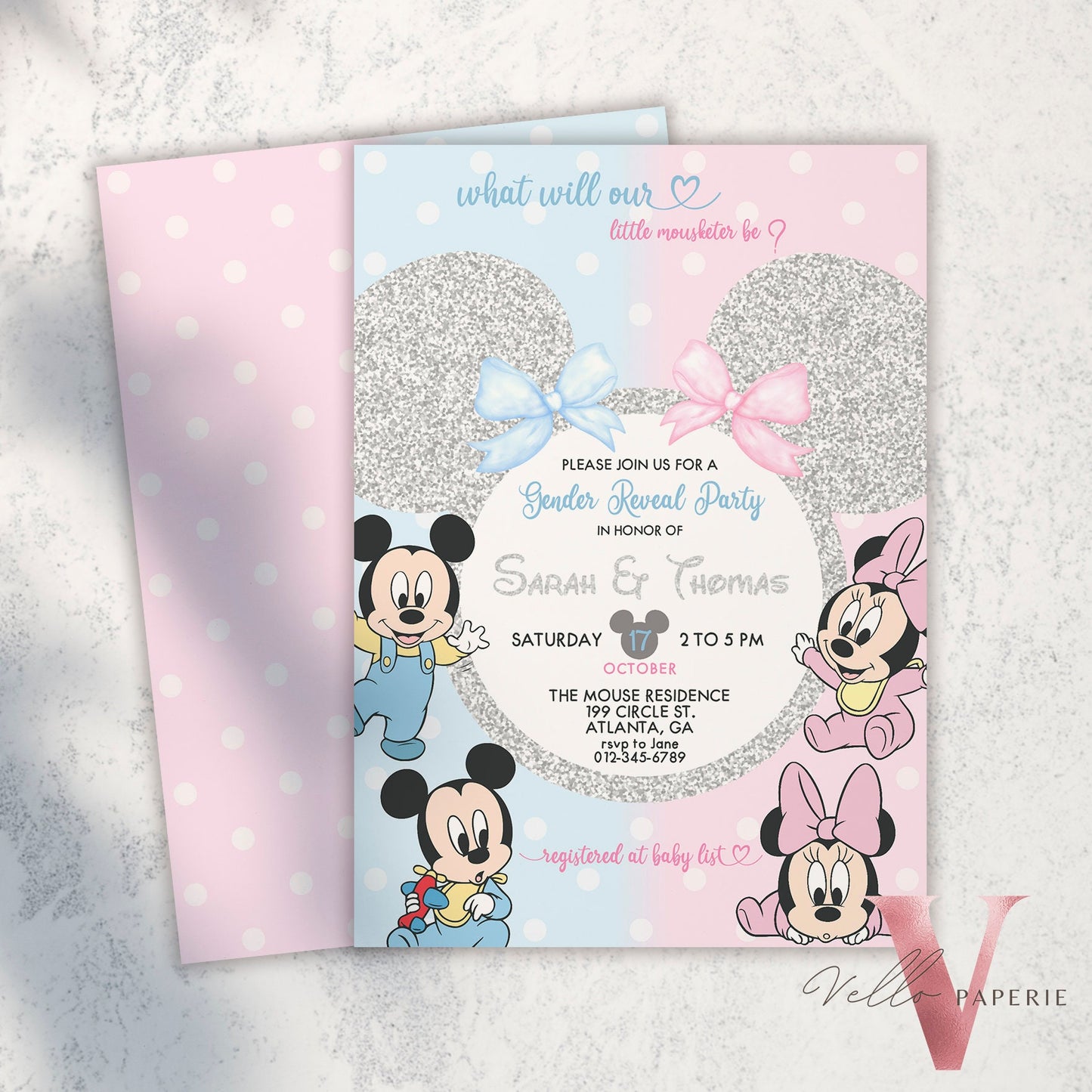 Minnie Mickey Baby Shower Invitation | Editable Printable Blue Pink Baby Shower Party Invite | Mouseketeer Gender Reveal Party Invite MBS01