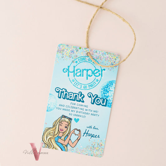 Disco Blue Doll Birthday Thankyou Card | Editable Printable Glitter Blue Disco Party Favor Tag | Boy and Girl Blue Doll Party Gift Tag