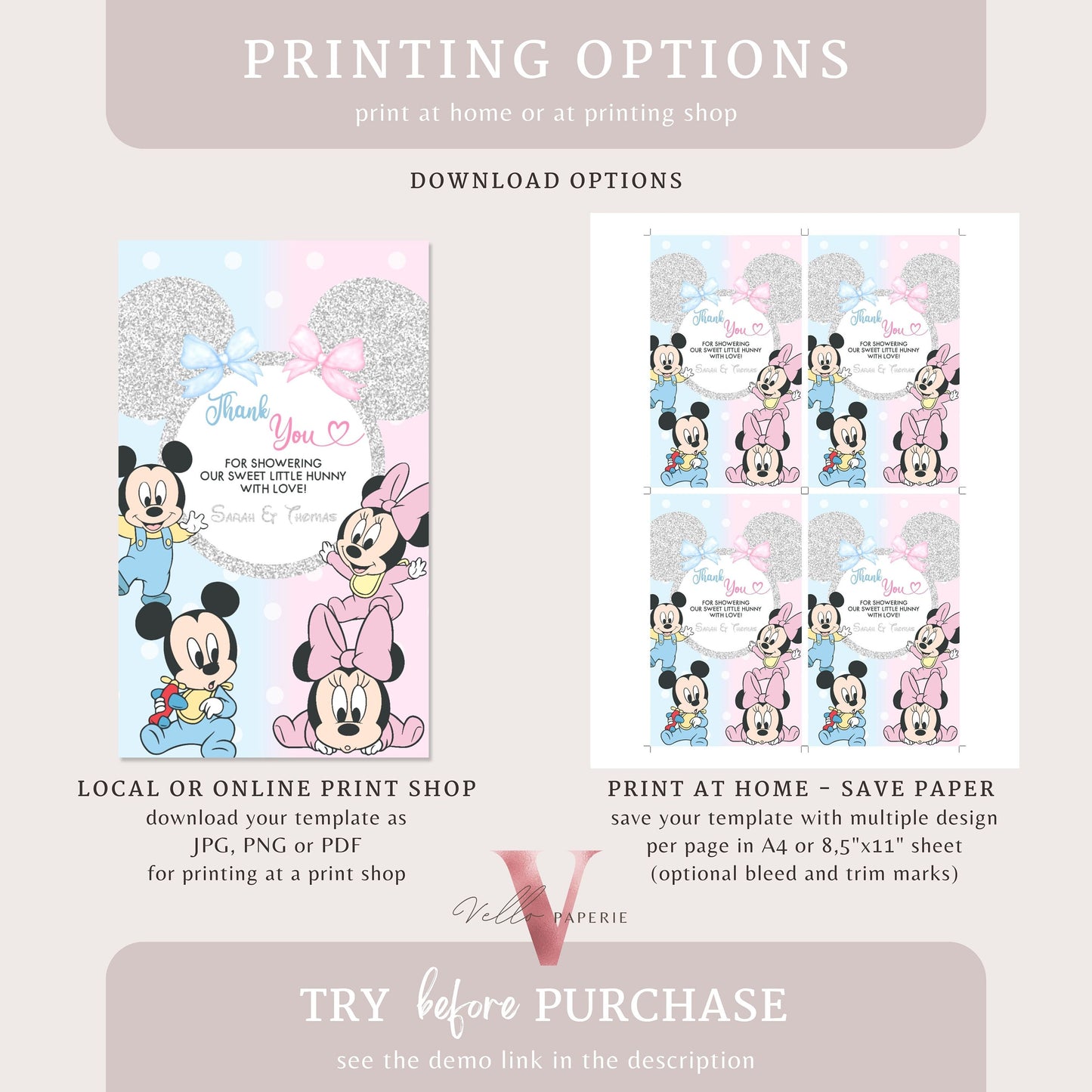 Minnie Mickey Baby Shower Thankyou Card | Editable Blue Pink Baby Shower Party Favor Tag | Mouseketeer Gender Reveal Party Gift Tag MBS01