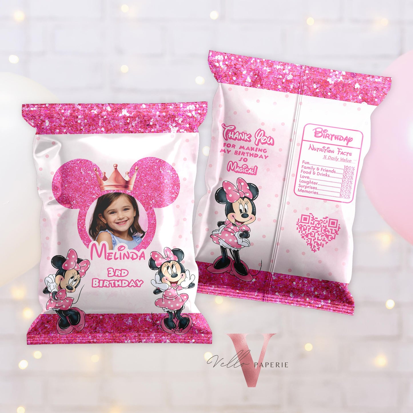 Self Editable Photo Minnie Mouse Birthday Party Favors | Glitter Pink Minnie Party Chip Bag, Water Bottle Label, Caprisun, Thanks Tag MMB03