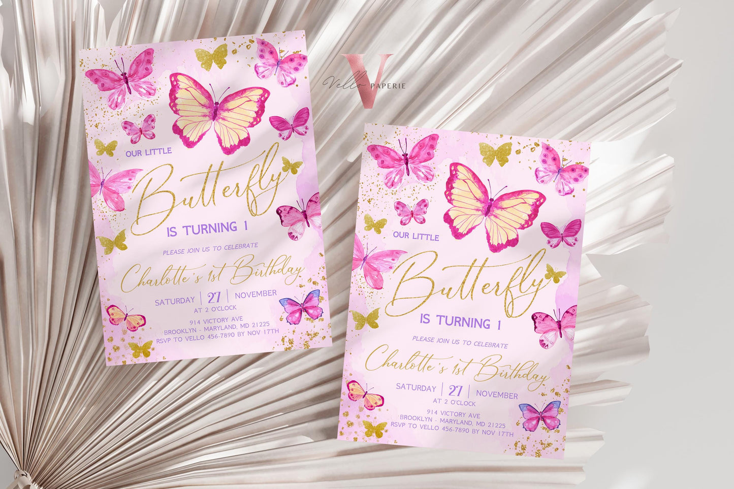 Pink Gold Glitter Watercolor Butterfly Birthday Party Invitation | A little butterfly Any Age Party Invite | Pink Sparkle Butterfly Card