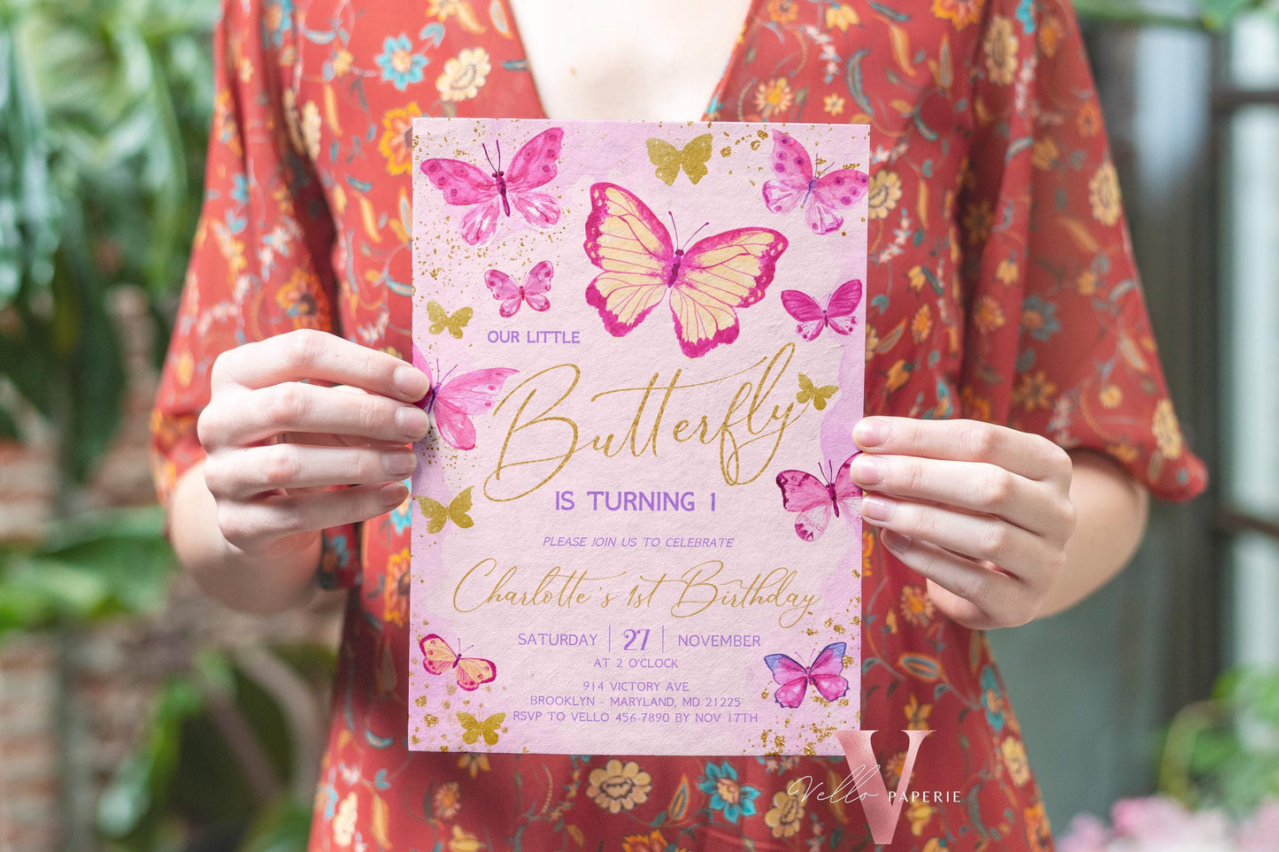 Pink Gold Glitter Watercolor Butterfly Birthday Party Invitation | A little butterfly Any Age Party Invite | Pink Sparkle Butterfly Card