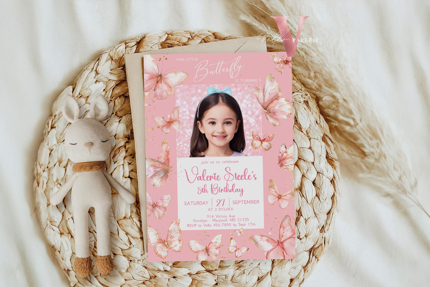 Pink Photo Watercolor Butterfly Birthday Invitation | A little butterfly Party Invite with photo | Glam Pink Glitter Baby Butterfly Template