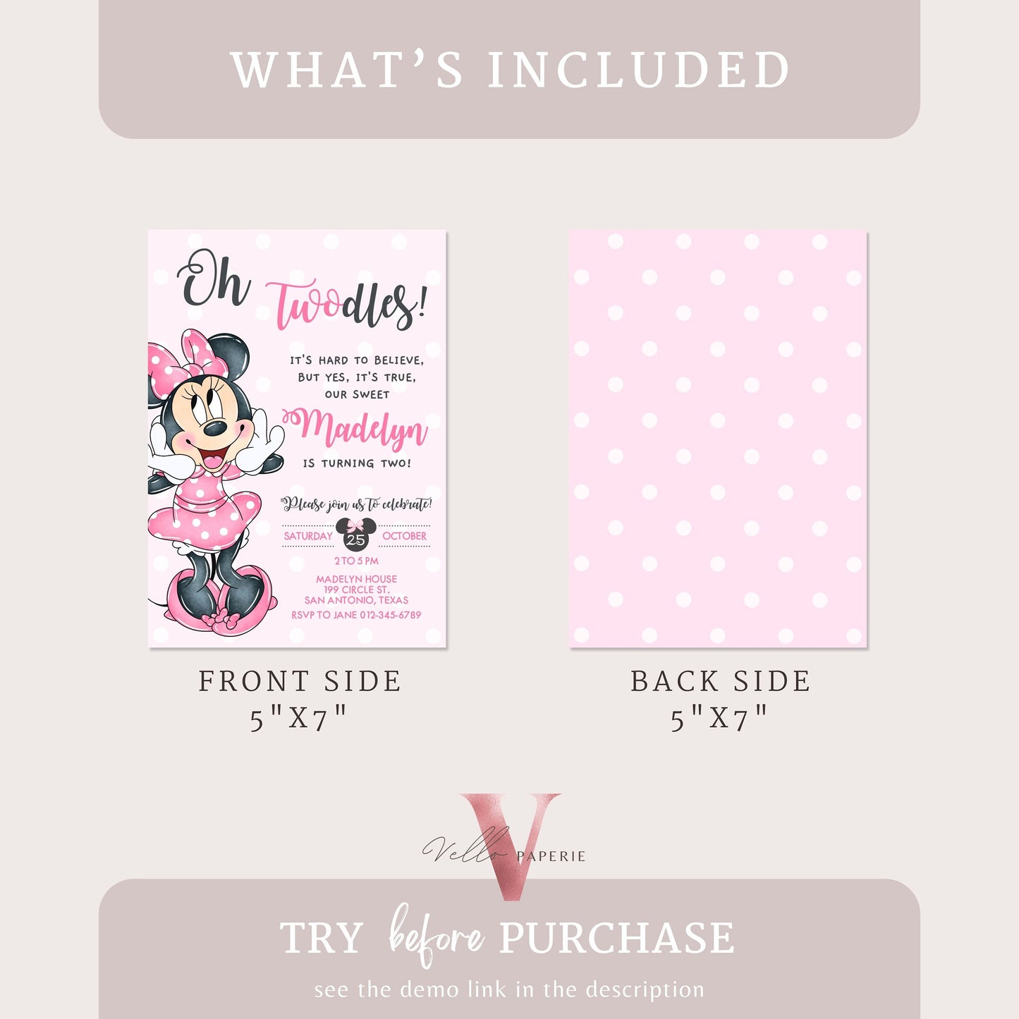 Self Editable Oh TWOdles Minnie Mouse Birthday Invitation, Light Pink Polka Dot Invite 2 years Girl Second Birthday Instant Template MMB01