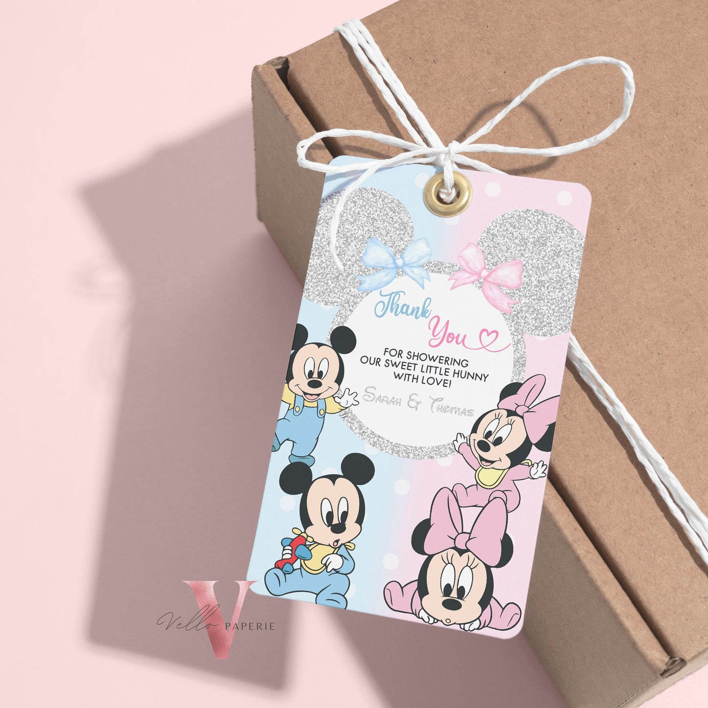 Minnie Mickey Baby Shower Thankyou Card | Editable Blue Pink Baby Shower Party Favor Tag | Mouseketeer Gender Reveal Party Gift Tag MBS01