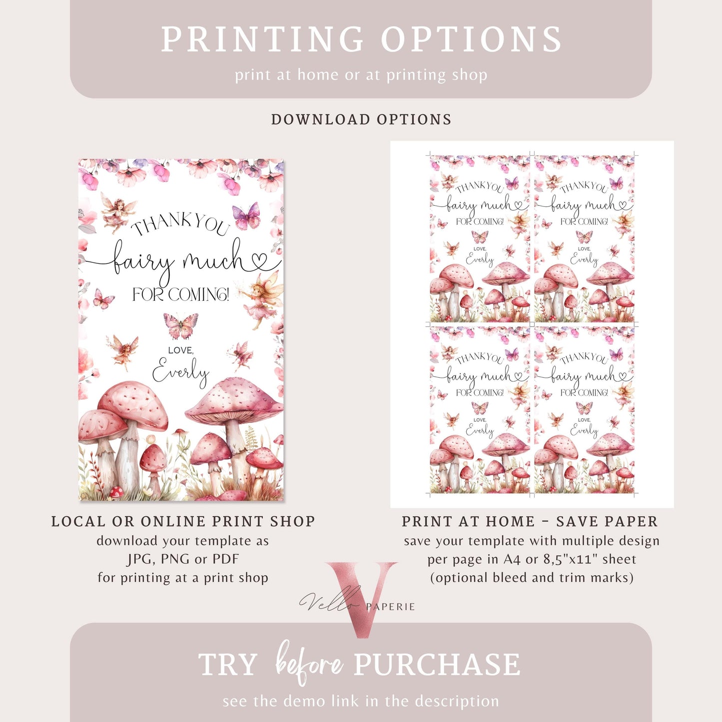 Editable Fairy First Birthday Thankyou Card | Printable Garden Fairy Magical Butterfly Gift Tag | Whymsical Girl 1st Party Favor Tag INSTANT