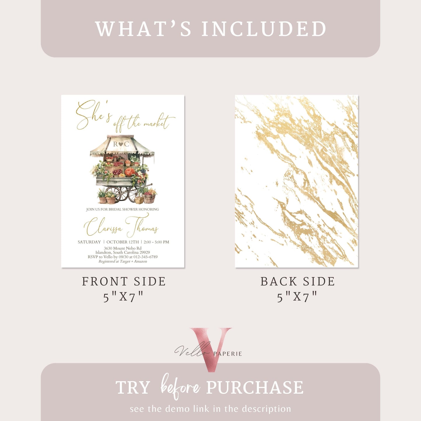 Off the Market Bridal Shower Party Invitation | She's off the Market Invite | Flower Fruit Store Watercolor Glitter Gold Instant Template
