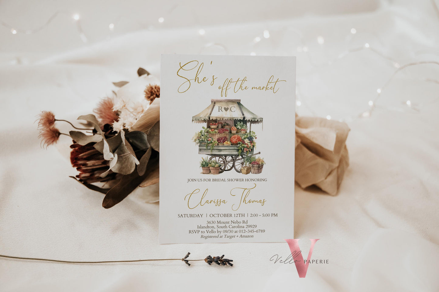 Off the Market Bridal Shower Party Invitation | She's off the Market Invite | Flower Fruit Store Watercolor Glitter Gold Instant Template
