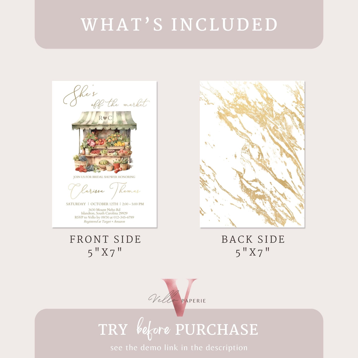 Off the Market Bridal Shower Party Invitation | She's off the Market Invite | Flower Fruit Store Watercolor Glitter Gold Instant Template