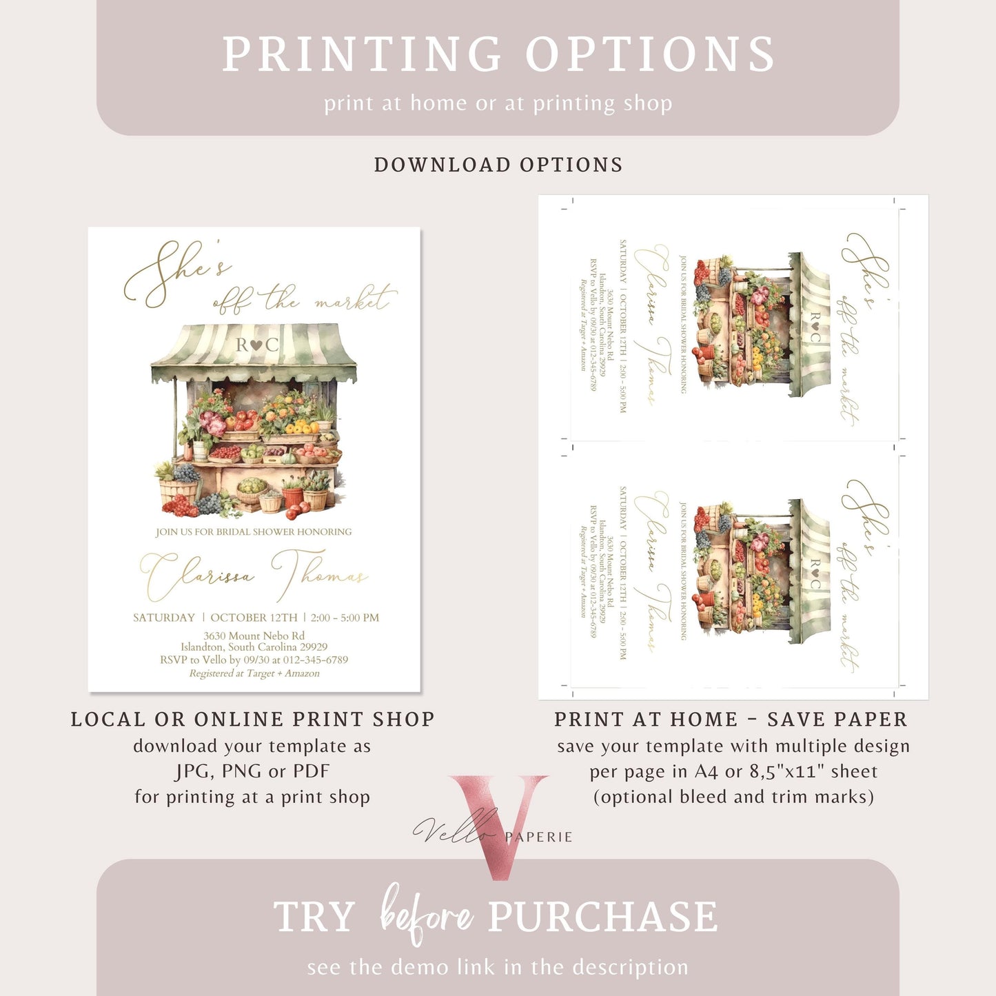 Off the Market Bridal Shower Party Invitation | She's off the Market Invite | Flower Fruit Store Watercolor Glitter Gold Instant Template