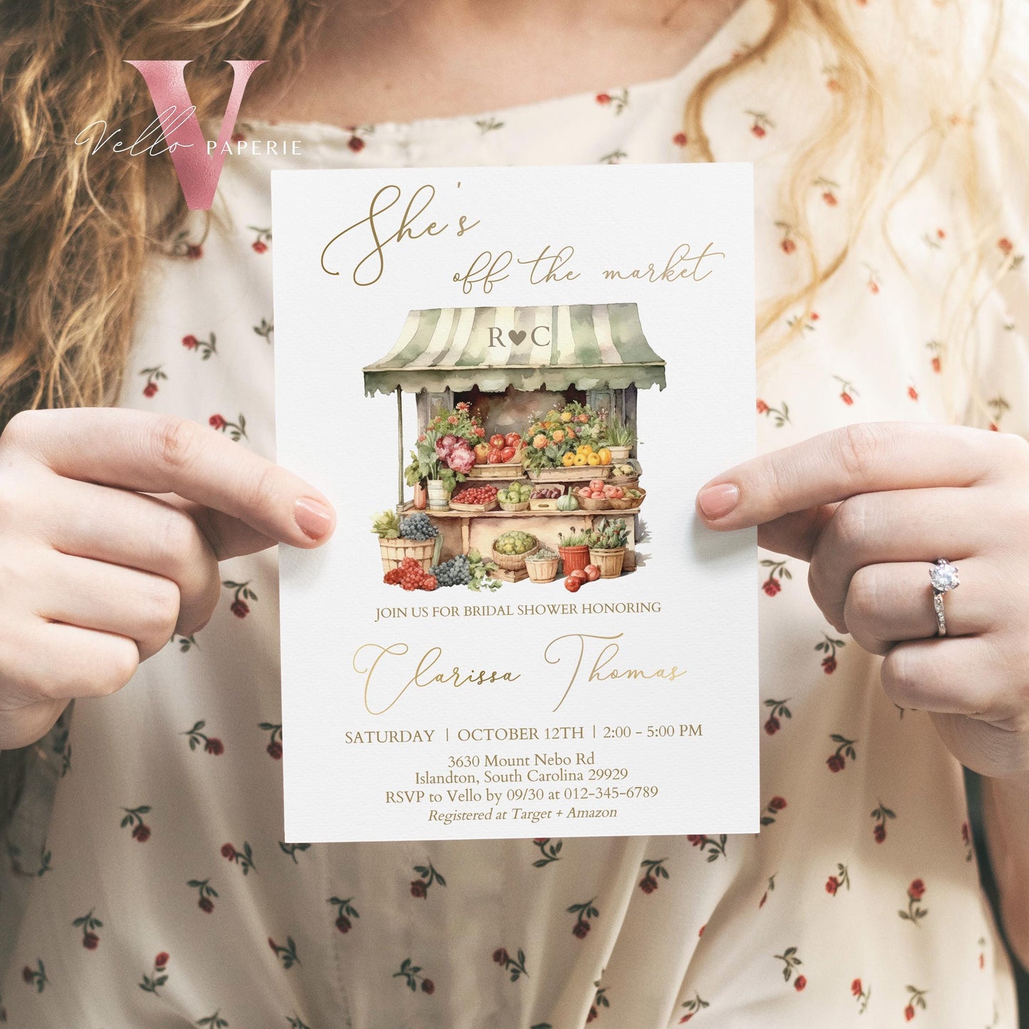 Off the Market Bridal Shower Party Invitation | She's off the Market Invite | Flower Fruit Store Watercolor Glitter Gold Instant Template