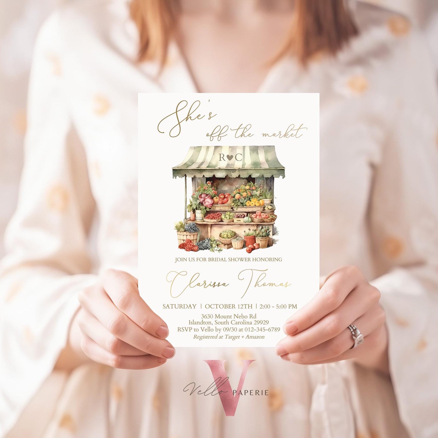 Off the Market Bridal Shower Party Invitation | She's off the Market Invite | Flower Fruit Store Watercolor Glitter Gold Instant Template