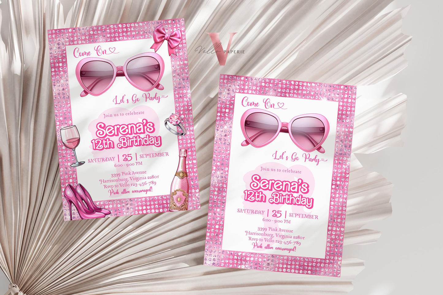 Glam Sunglasses Pink Fashion Doll Birthday Invitation | Barb Princess Pink Doll Glitter Come On Lets Go Pink Party Invite Instant Template