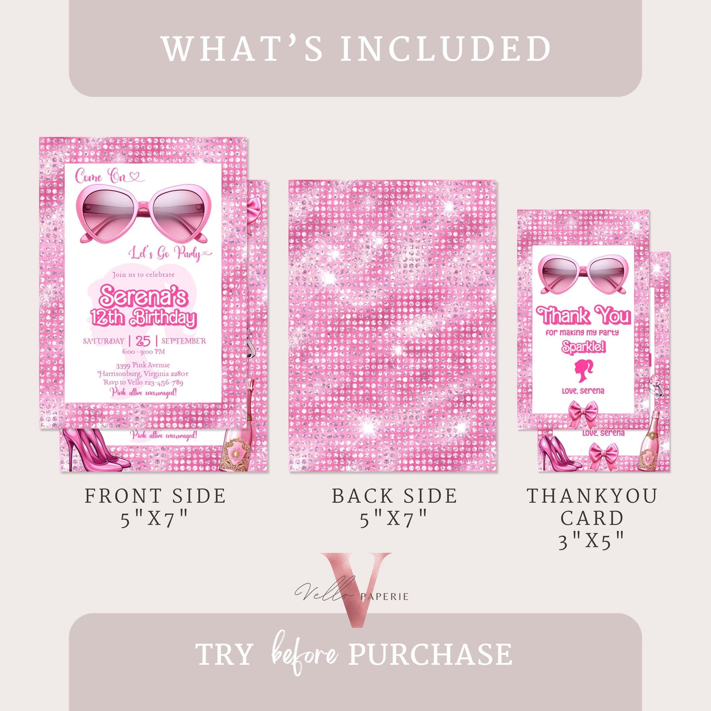 Glam Sunglasses Pink Fashion Doll Birthday Invitation | Barb Princess Pink Doll Glitter Come On Lets Go Pink Party Invite Instant Template