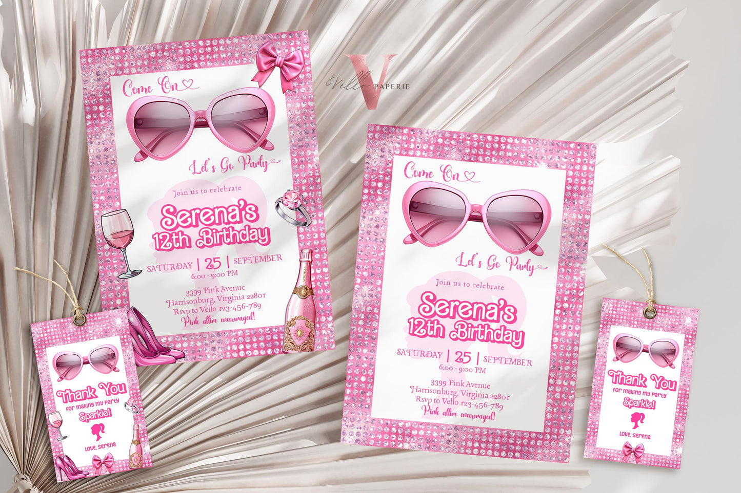 Glam Sunglasses Pink Fashion Doll Birthday Invitation | Barb Princess Pink Doll Glitter Come On Lets Go Pink Party Invite Instant Template