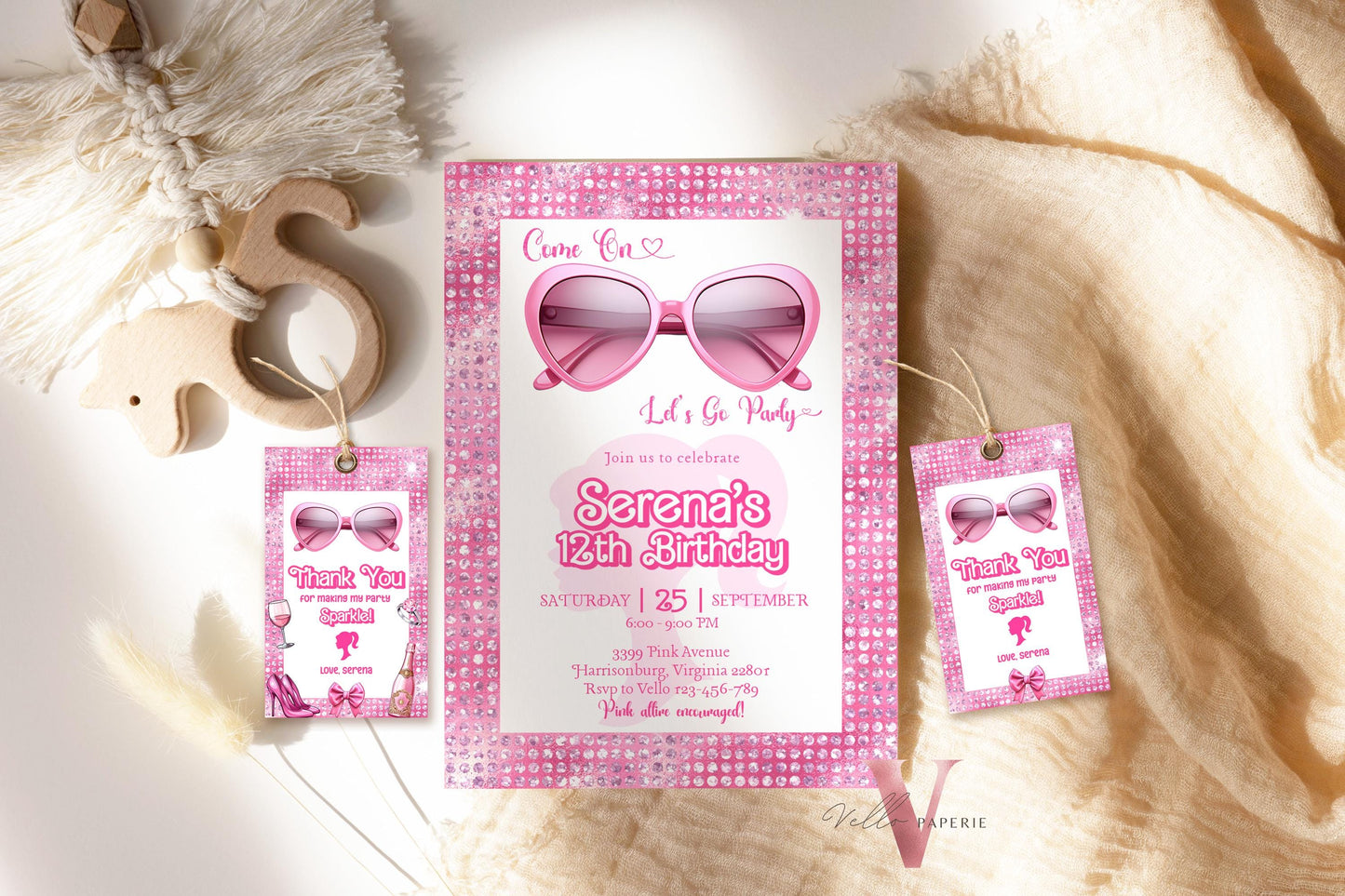Glam Sunglasses Pink Fashion Doll Birthday Invitation | Barb Princess Pink Doll Glitter Come On Lets Go Pink Party Invite Instant Template
