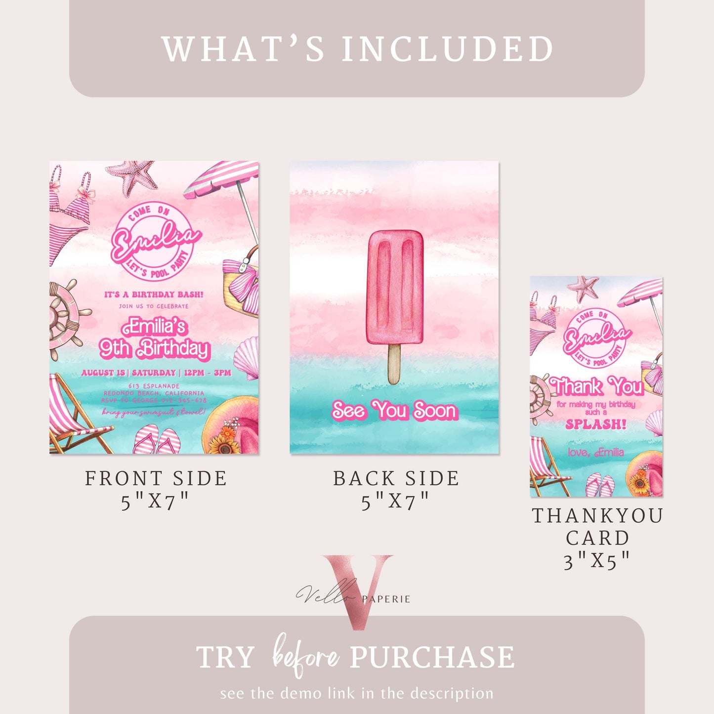 Instant Download Pink Doll Beach Birthday Invitation | Editable Printable Malibu Beach Party Invite | Pink Blue Malibu Come On Lets Go Party