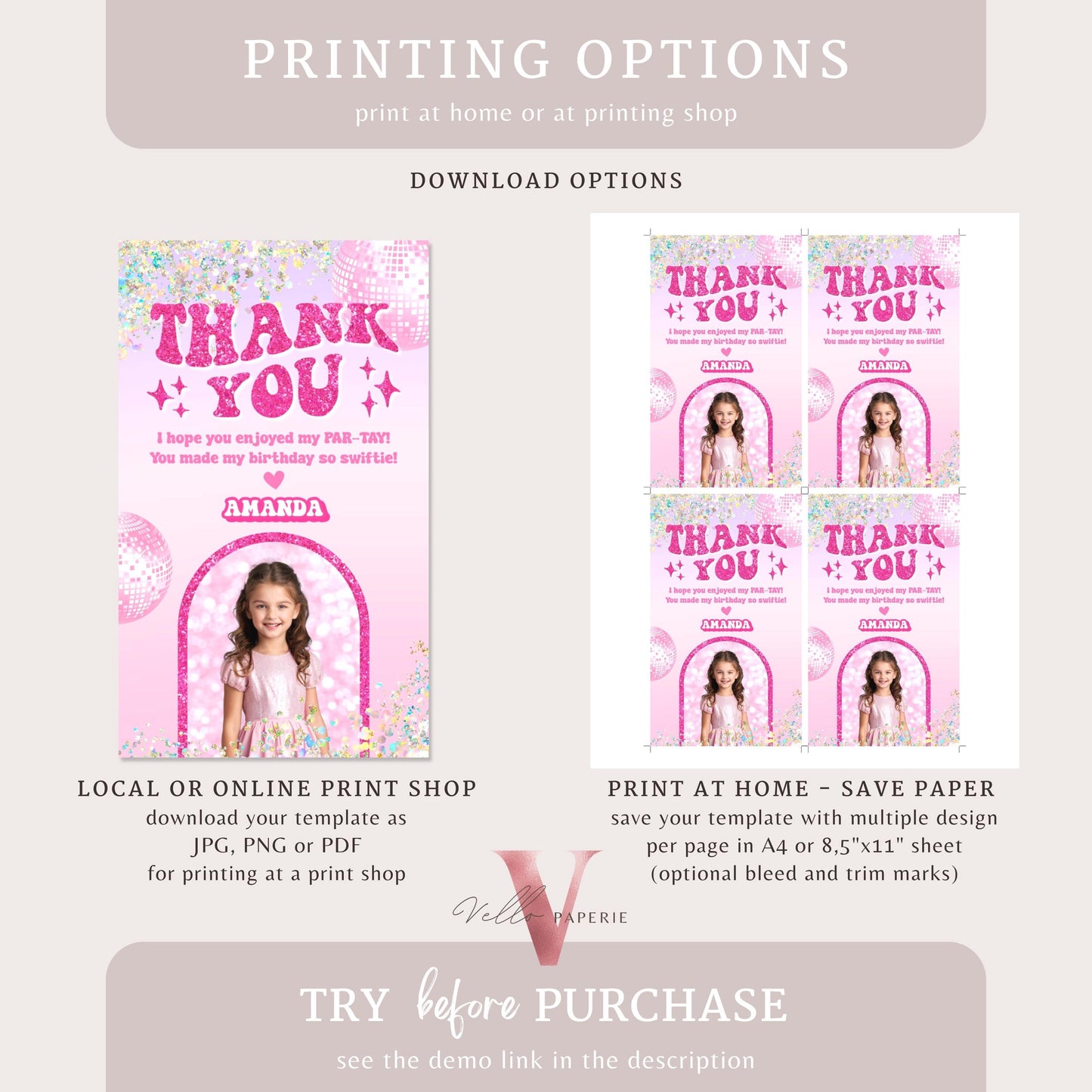 Edit Yourself Photo Par-Tay Birthday Party Thankyou Card | Editable Printable Purple Pink Sparkle TS Party Favor Tag | It's Me Hi Gift Tag