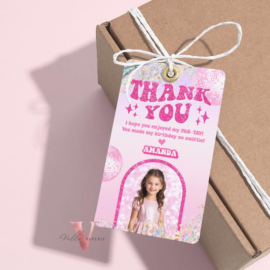 Edit Yourself Photo Par-Tay Birthday Party Thankyou Card | Editable Printable Purple Pink Sparkle TS Party Favor Tag | It's Me Hi Gift Tag