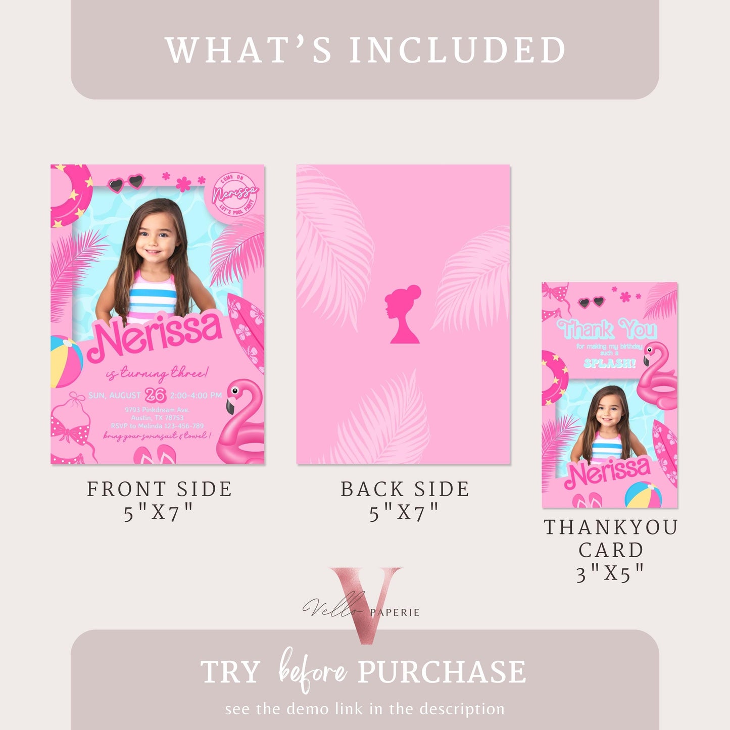 Self Edit Photo Pink Doll Pool Birthday Invitation | Editable Printable Malibu Pool Party Invite | Pink Blue Malibu Come On Lets Go Party