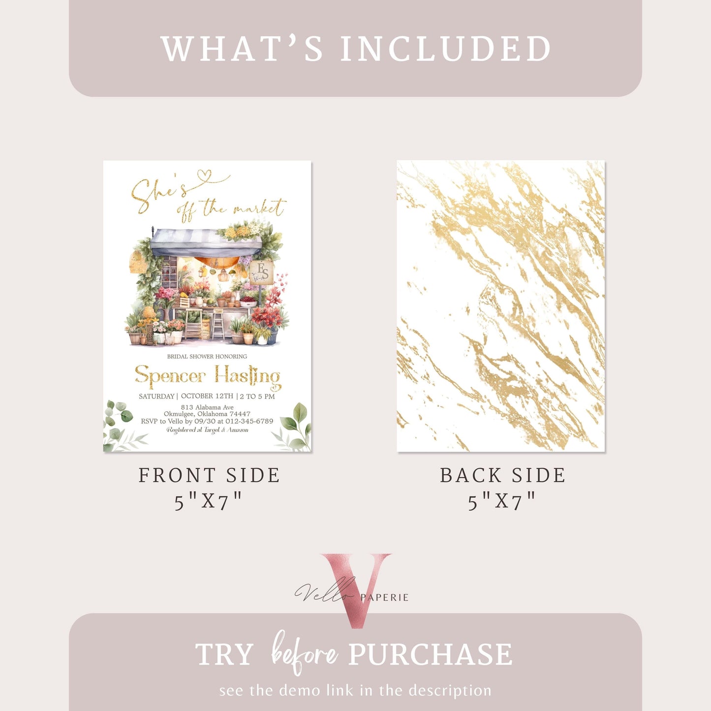 Fresh Off the Market Bridal Shower Party Invitation | She's off the Market Invite | Flower Store Watercolor Glitter Gold Instant Template