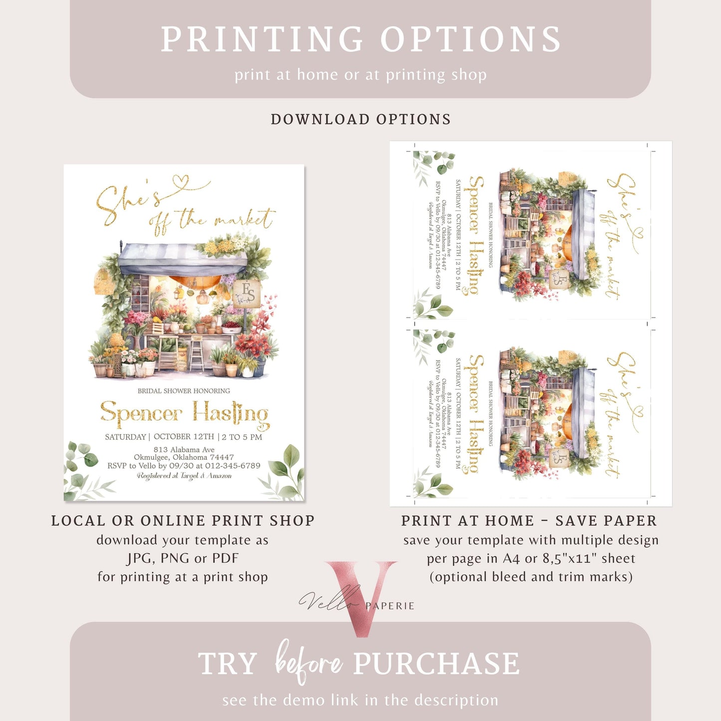 Fresh Off the Market Bridal Shower Party Invitation | She's off the Market Invite | Flower Store Watercolor Glitter Gold Instant Template