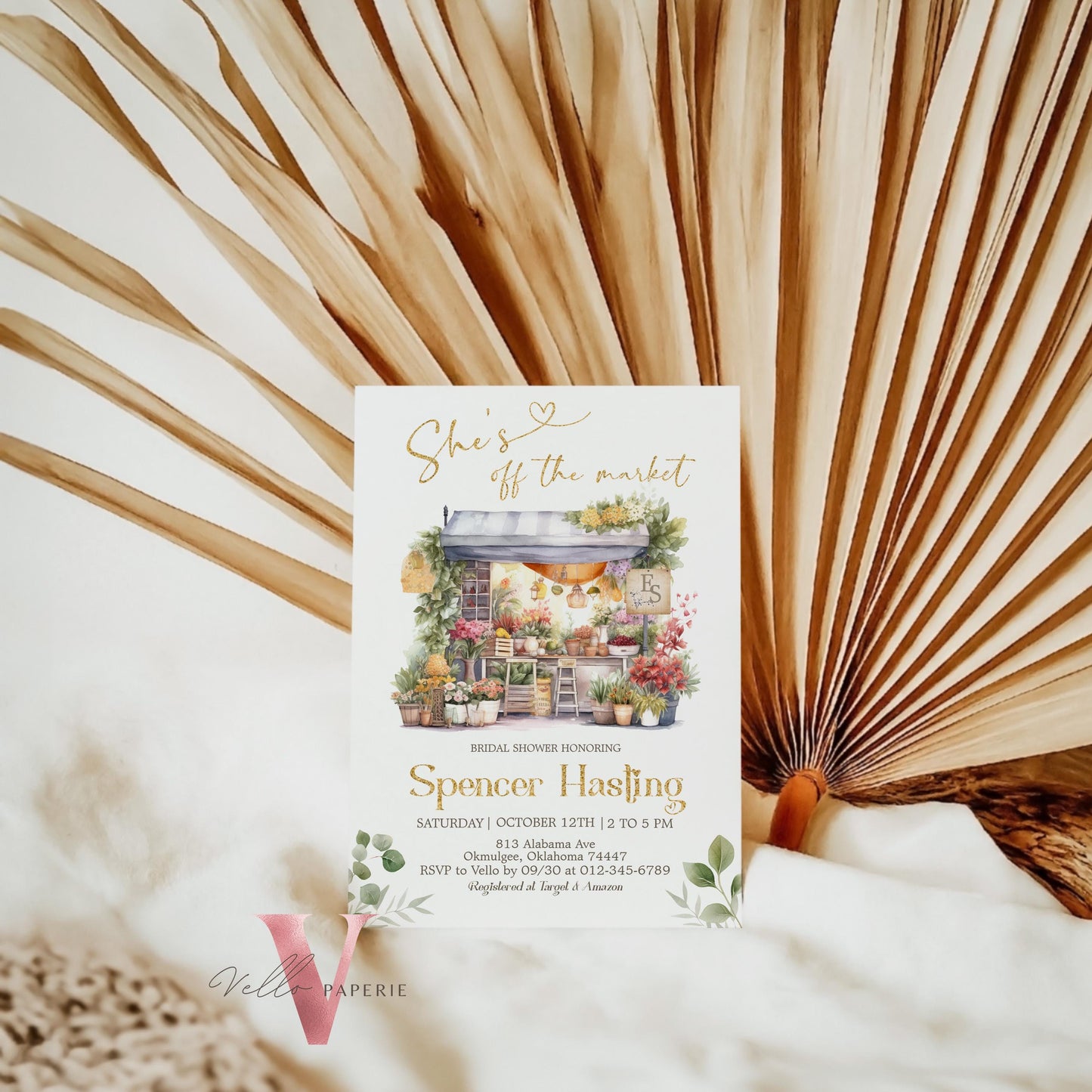 Fresh Off the Market Bridal Shower Party Invitation | She's off the Market Invite | Flower Store Watercolor Glitter Gold Instant Template