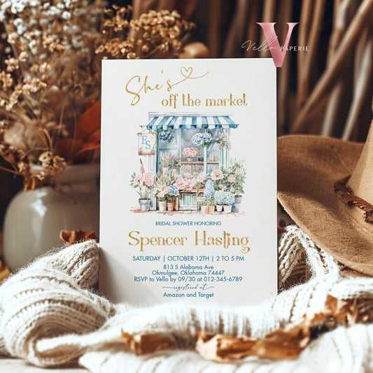 Fresh Off the Market BridalShower Party Invitation | She's Off the Market Invite | Flower Shop Watercolor Glitter Blue Gold Instant Template