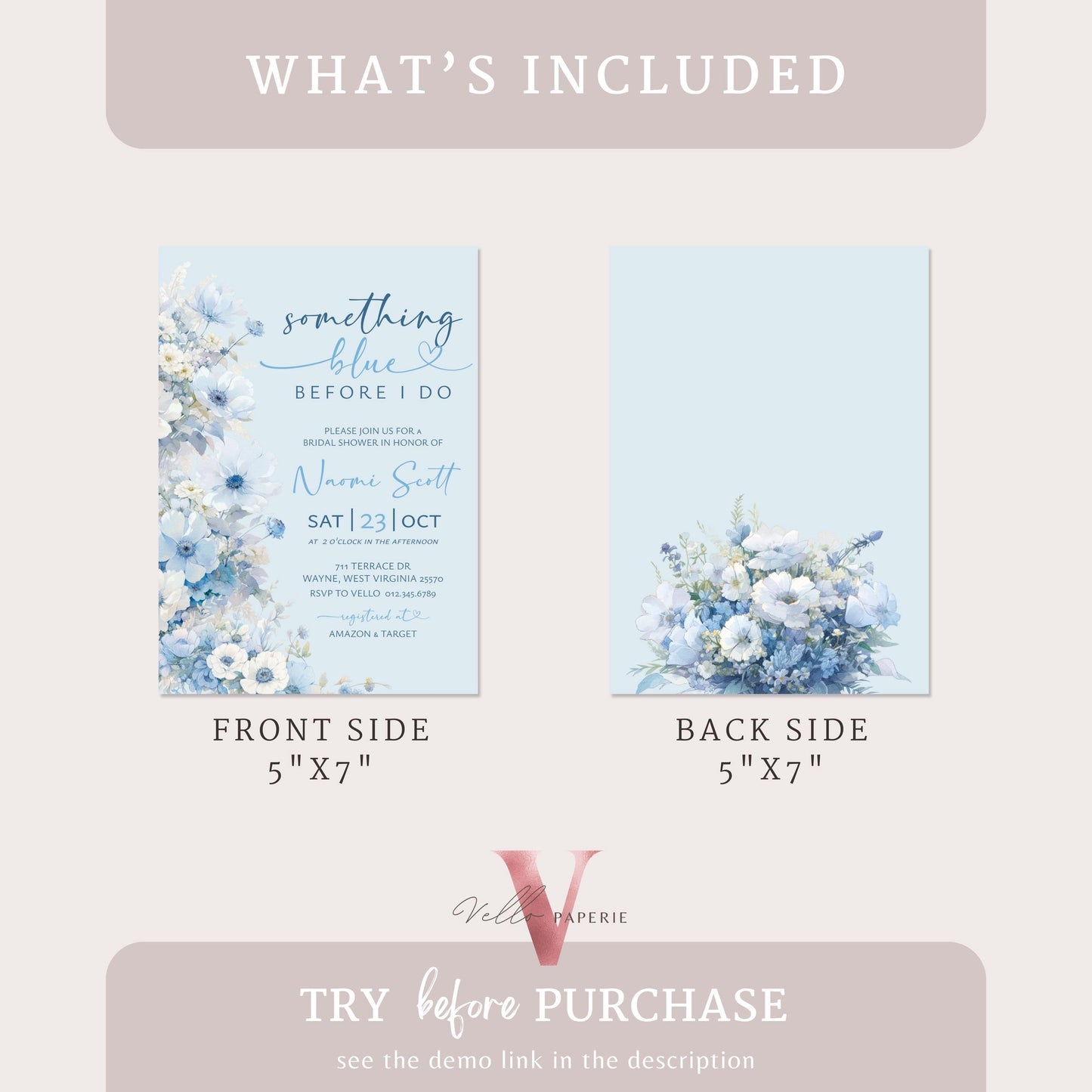 Something Blue before I DO Bridal Shower Party Invitation | Blue Flower Watercolor Invite | Modern Blue Botanical BridetoBe Instant Template