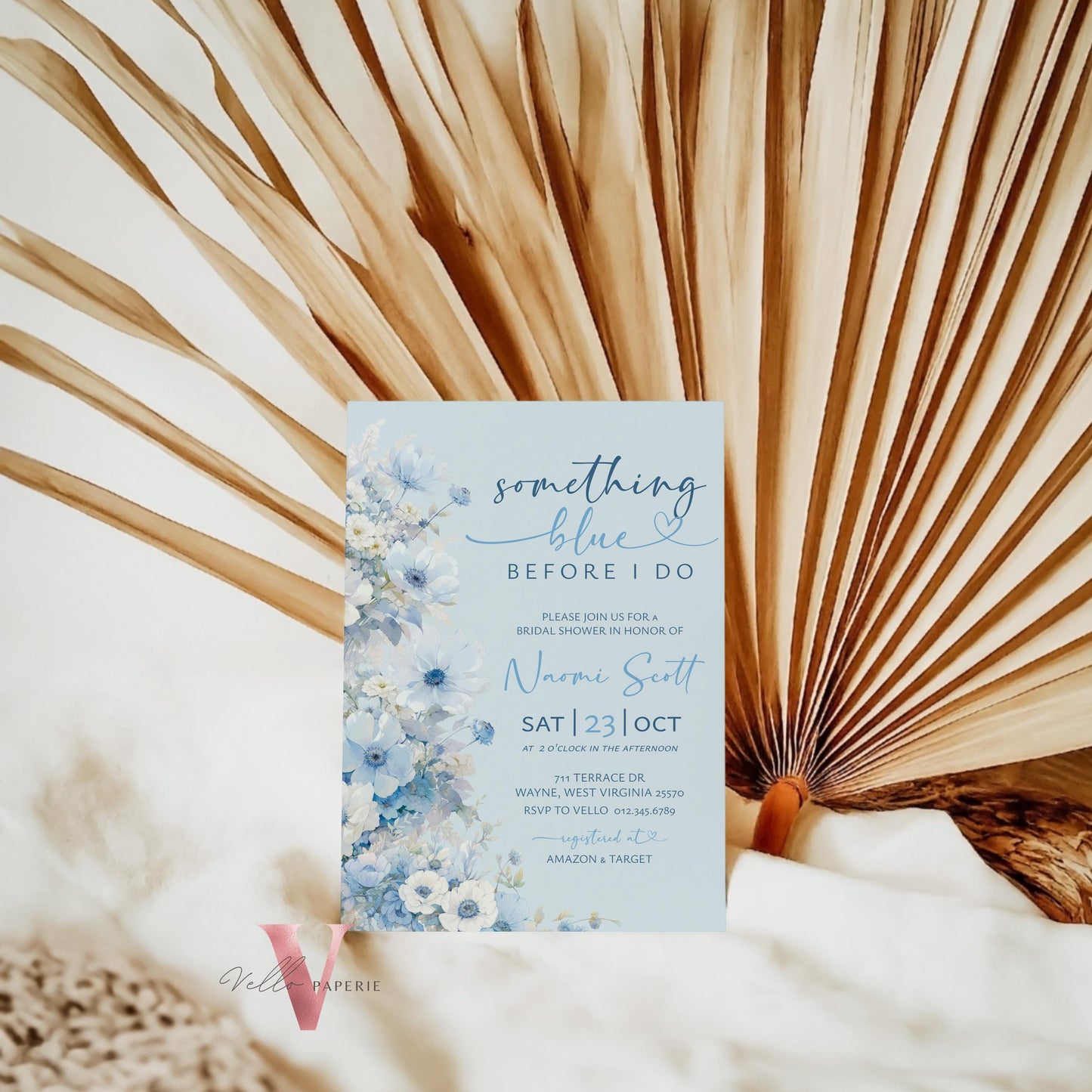 Something Blue before I DO Bridal Shower Party Invitation | Blue Flower Watercolor Invite | Modern Blue Botanical BridetoBe Instant Template