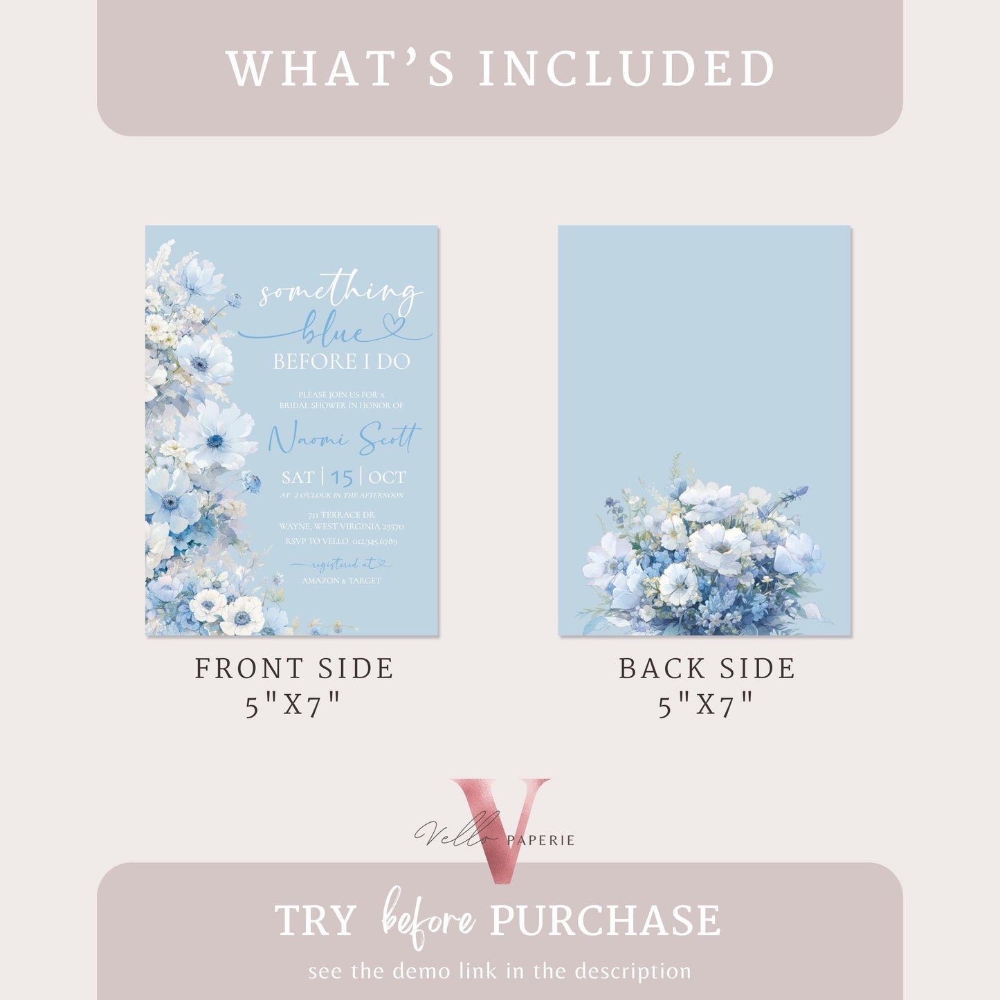 Something Blue before I DO Bridal Shower Party Invitation | Blue Flower Watercolor Invite | Modern Blue Botanical BridetoBe Instant Template