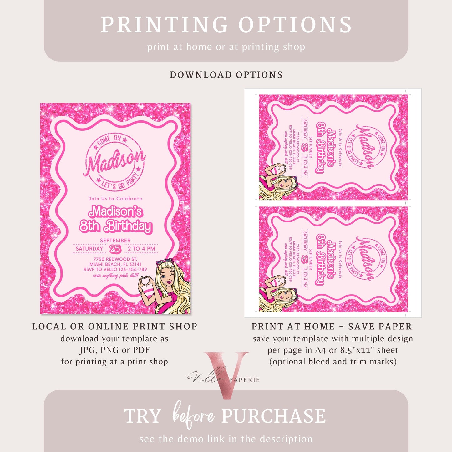 Wave Pink Sparkle Fashion Doll Cartoon Birthday Invitation, Pink Doll Glitter Come On Lets Go Pink Party Invite Instant Template