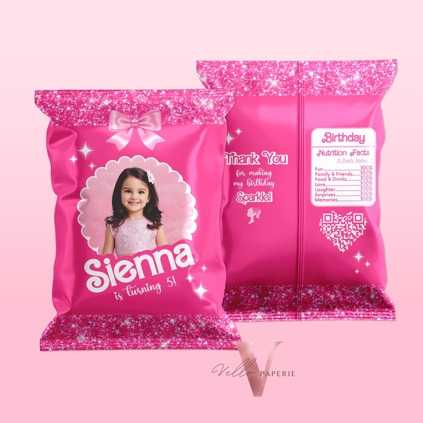 Selfie Photo Pink Doll Birthday Chips Bag | Sparkle Hot Pink Party Cheetos | Glitter Hot Pink Snack Bag with photo  HPD01