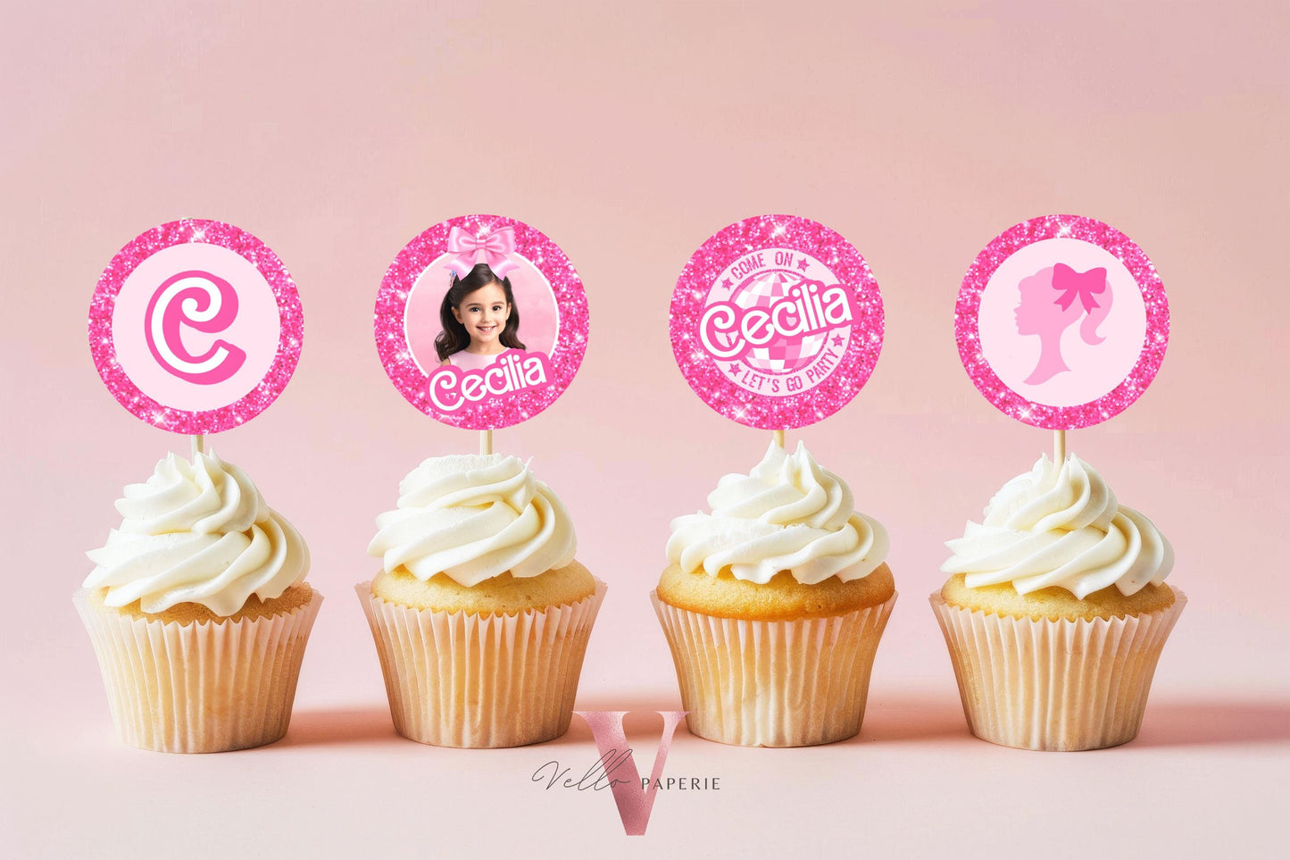 Photo Pink Doll Birthday Cupcake Topper | Sparkle Hot Pink Party Cake Decor | Come On Lets Go Party Favors Topper Instant Download