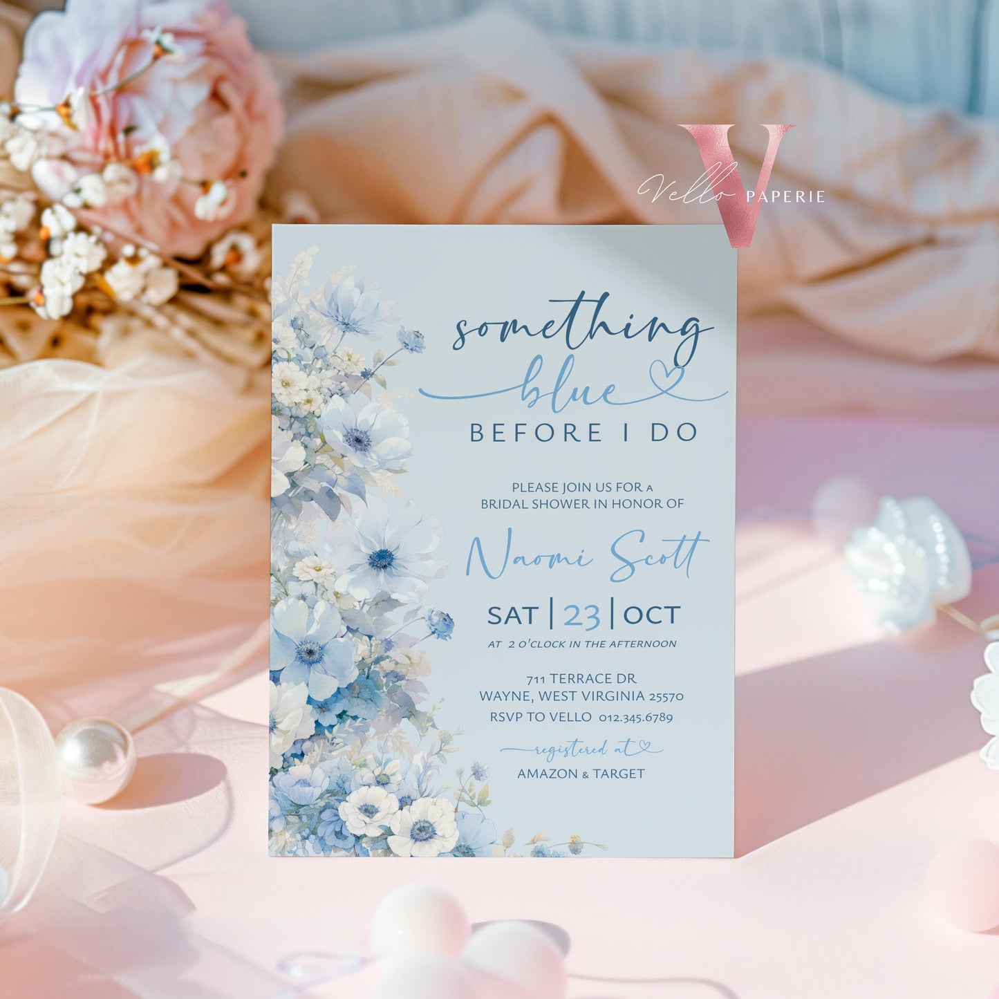 Something Blue before I DO Bridal Shower Party Invitation | Blue Flower Watercolor Invite | Modern Blue Botanical BridetoBe Instant Template