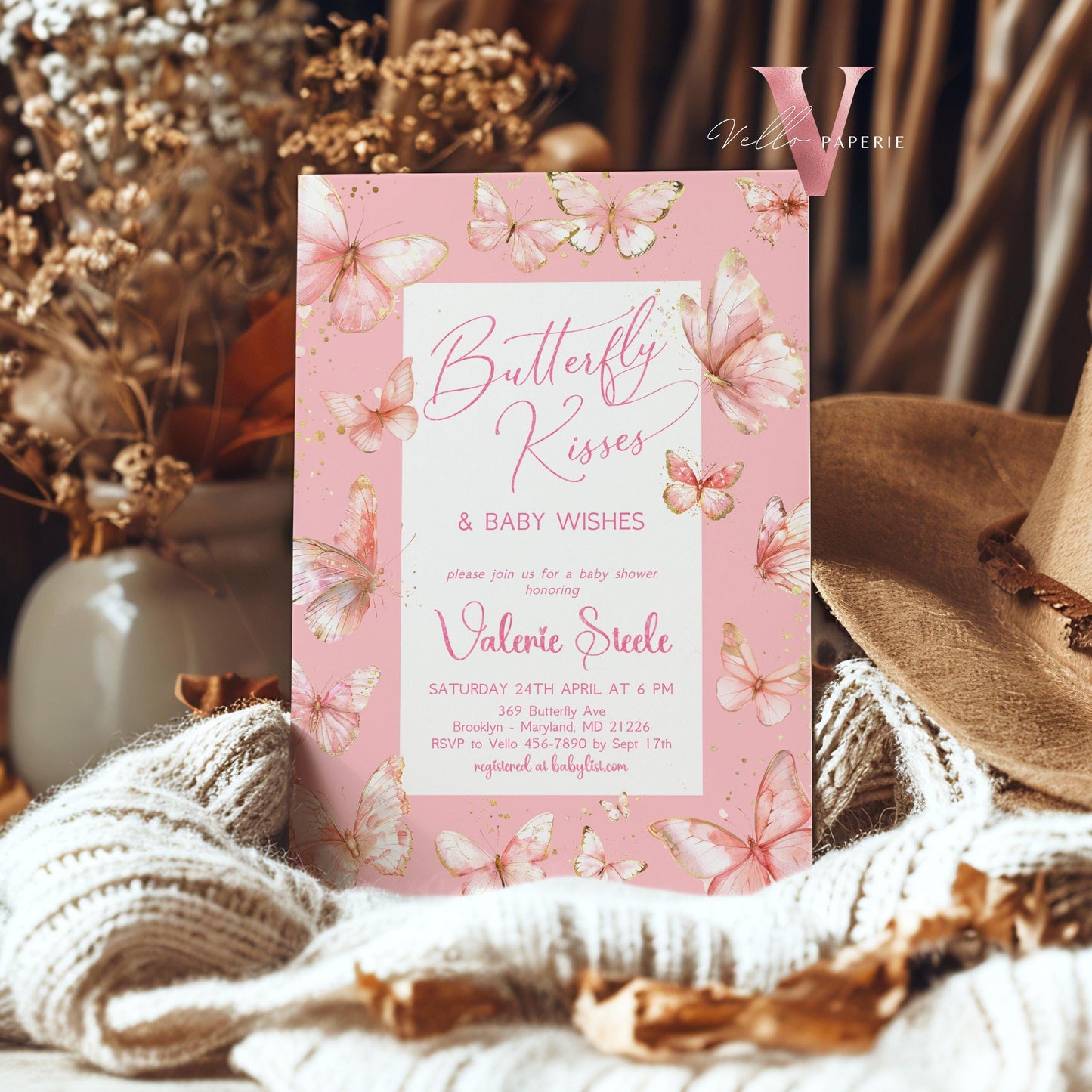 Pink Gold Watercolor Butterfly Baby Shower Party Invitation | A little butterfly Welcome Baby Party Invite | PInkGold Glitter Baby Butterfly