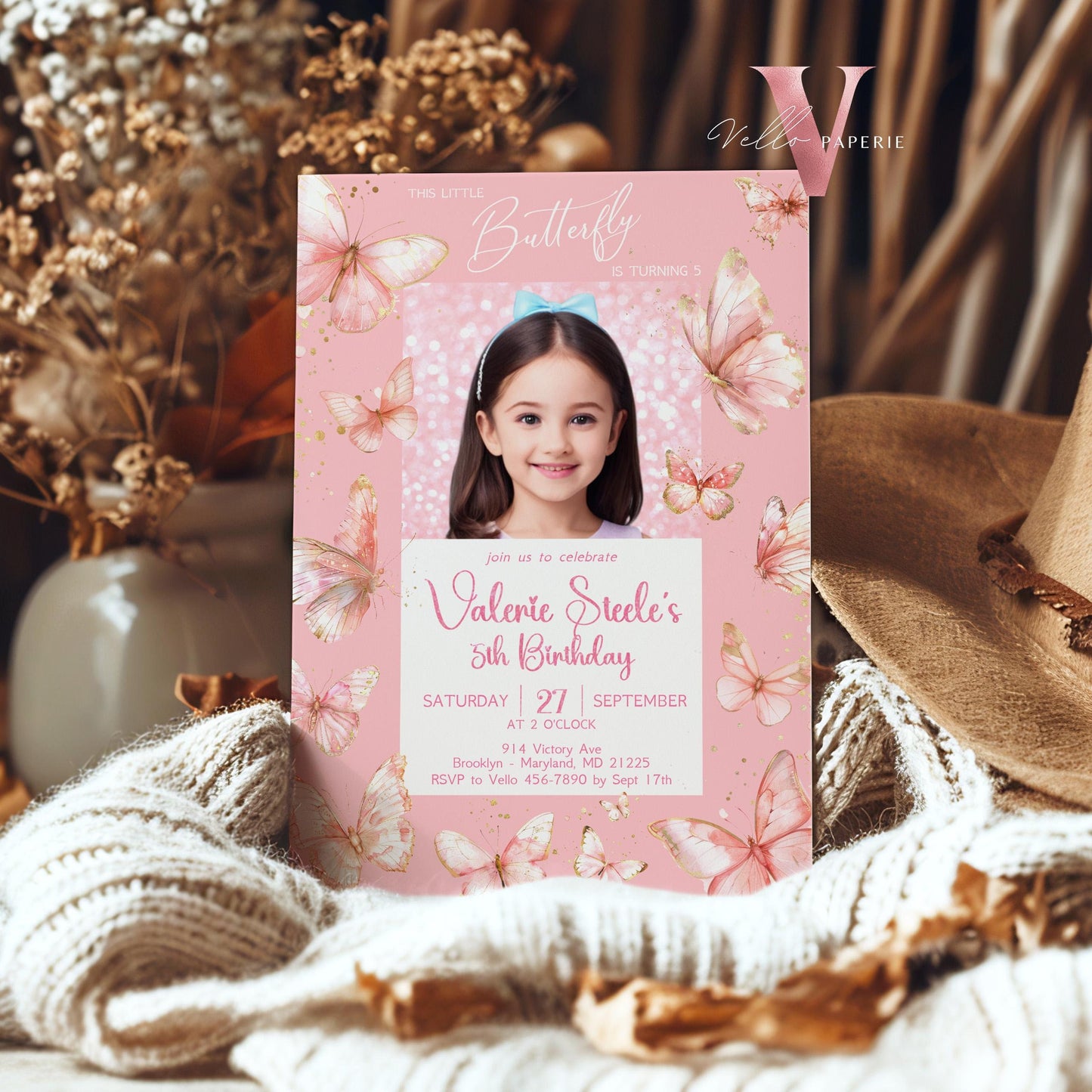 Pink Photo Watercolor Butterfly Birthday Invitation | A little butterfly Party Invite with photo | Glam Pink Glitter Baby Butterfly Template