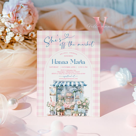 Fresh Off the Market BridalShower Party Invitation | She's Off the Market Invite | Flower Shop Watercolor Glitter Pink Blue Instant Template