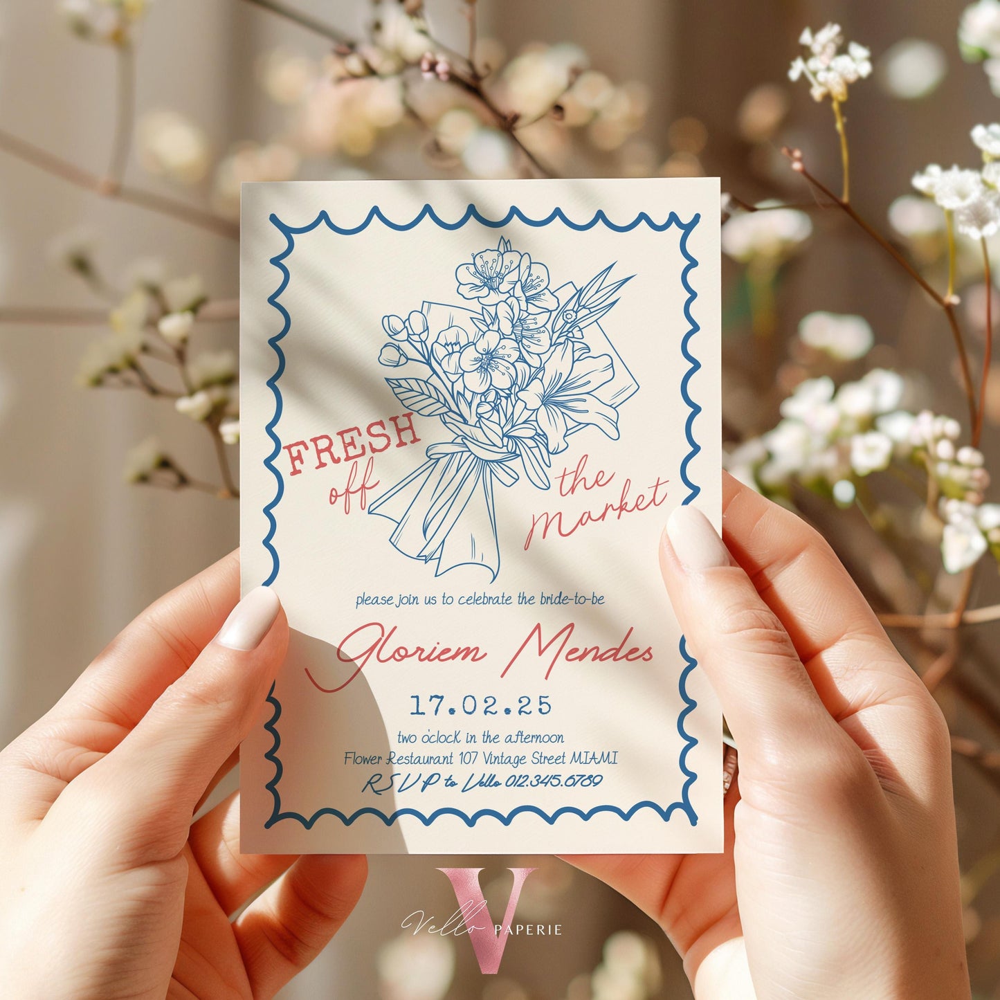 Handdrawn Fresh Off the Market Bridal Shower Invitation | Minimalist She's off the Market Invite | Flower Bouquet Bride Instant Template