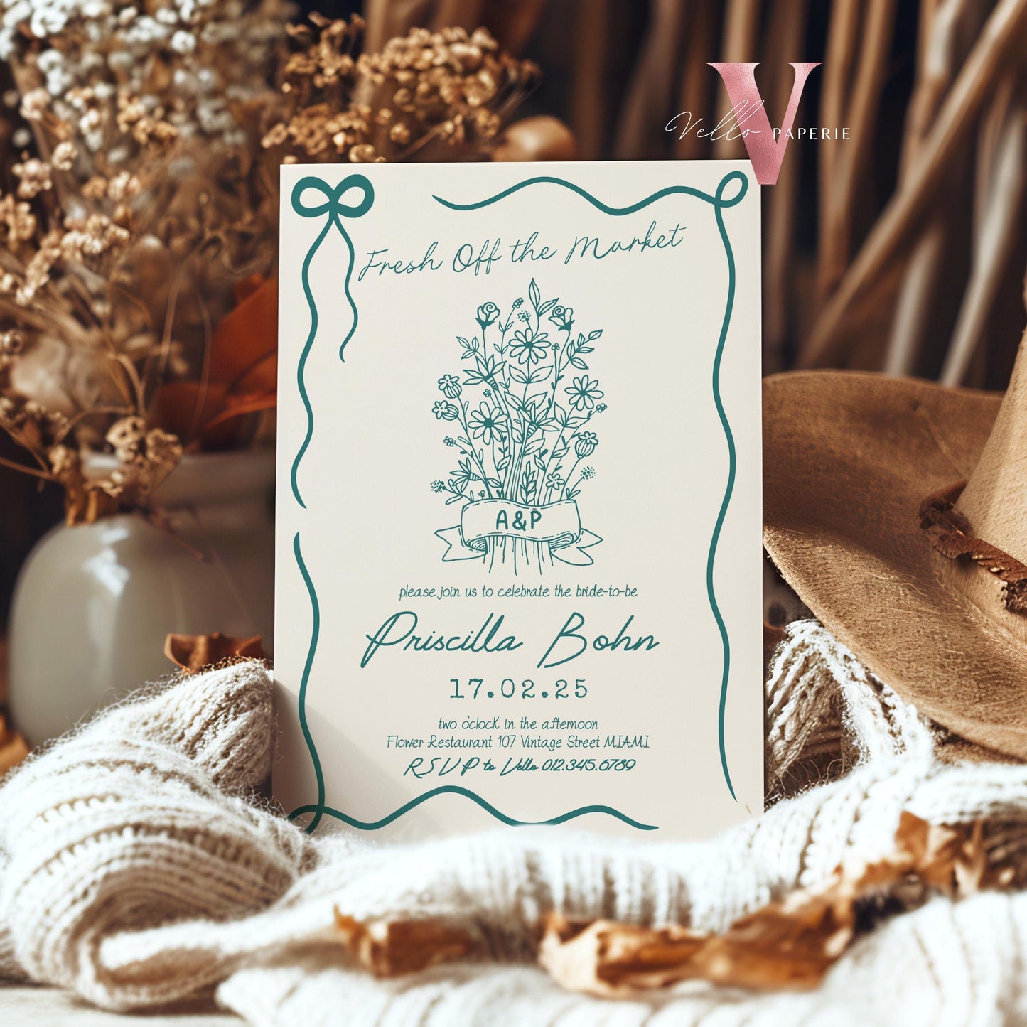 Handdrawn Fresh Off the Market Bridal Shower Invitation | Minimalist She's off the Market Invite | Flower Bouquet Bride Instant Template