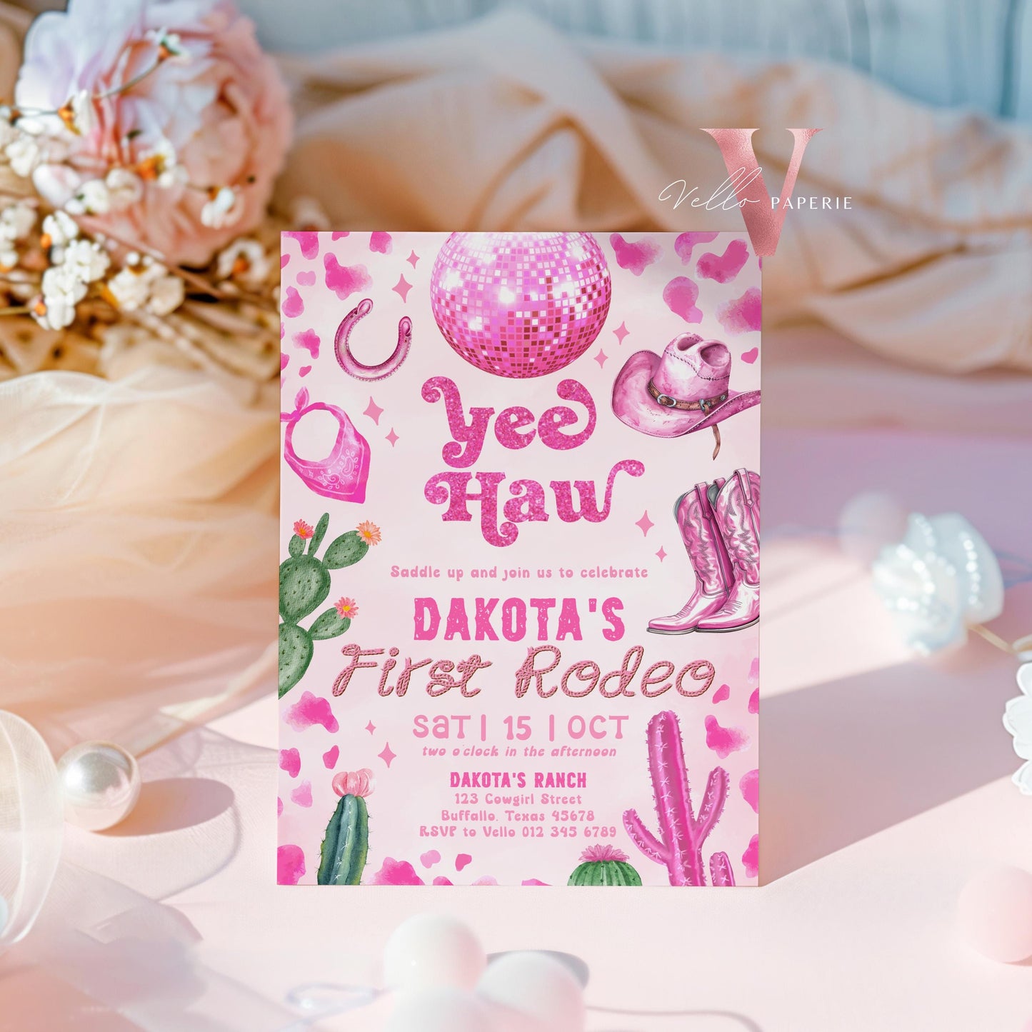 Editable Any AGE Space Cowgirl Birthday Invitation | Pink Disco Cowgirl Party Invite | Girl Rodeo Disco Western Nashville Party Template