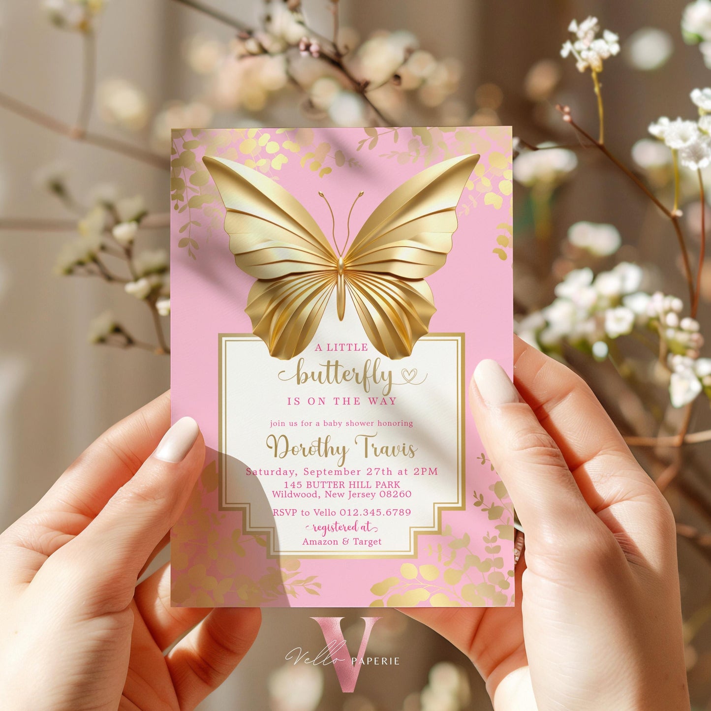 Pink Gold Butterfly Baby Shower Party Invitation | Little butterfly is on the way Baby Party Invite | Minimal Blue Gold Butterfly Template
