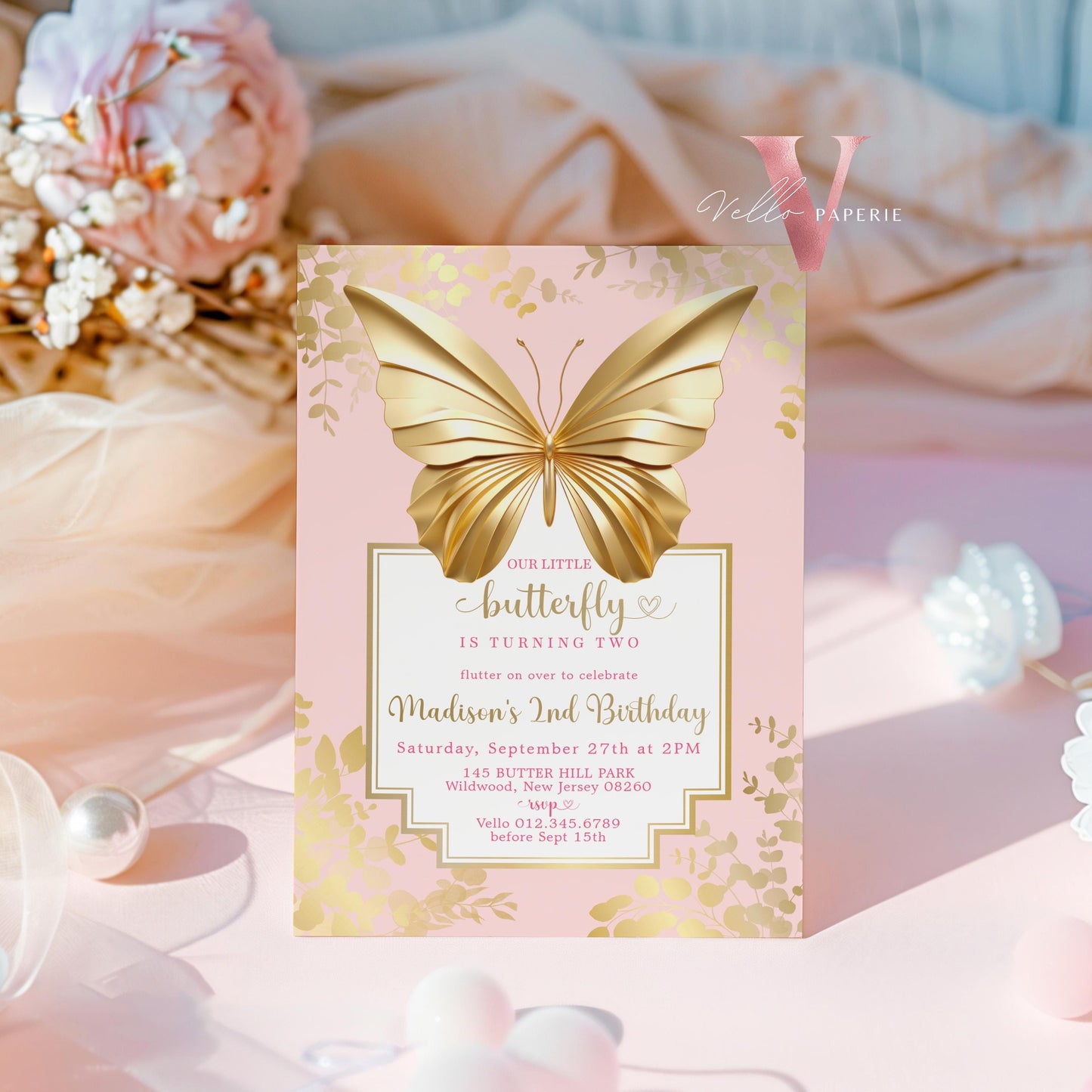 Minimal Pink Gold Butterfly Birthday Party Invitation | A little butterfly Any Age Birthday Party Invite | Our Little Butterfly Pink Templat