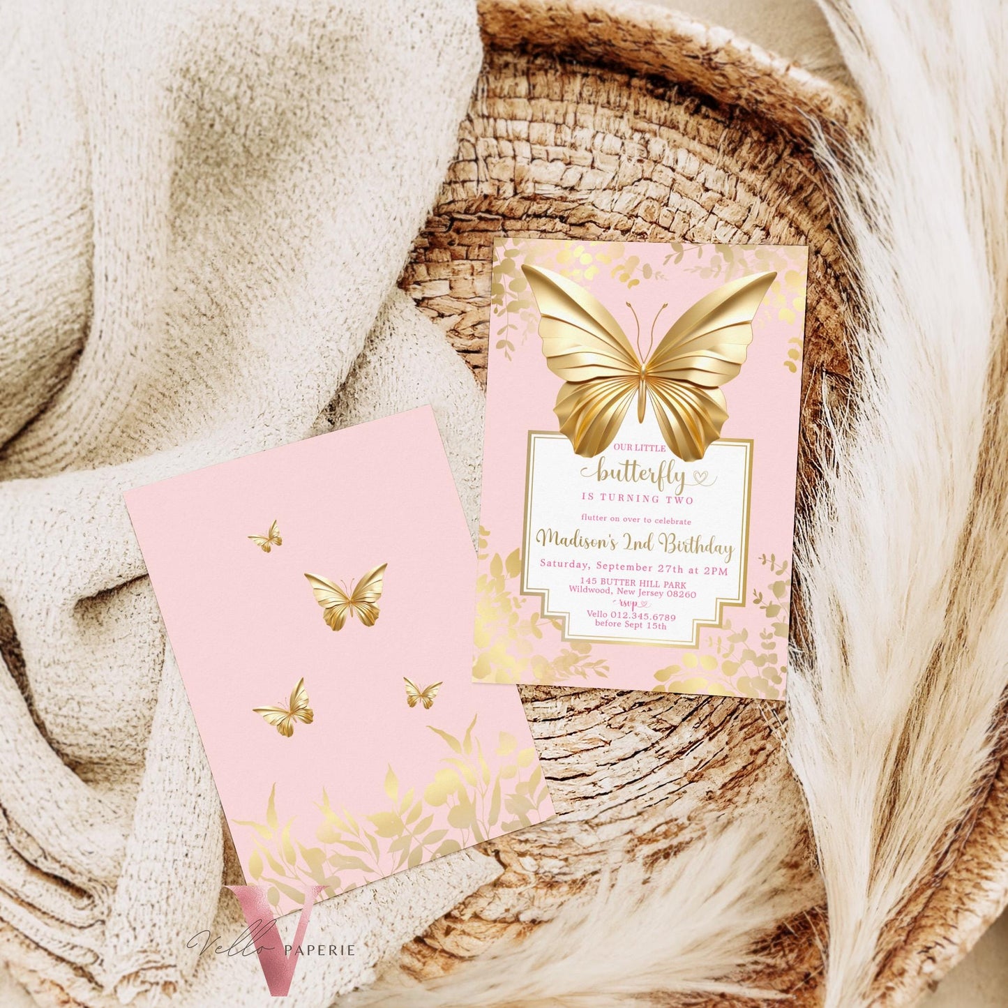 Minimal Pink Gold Butterfly Birthday Party Invitation | A little butterfly Any Age Birthday Party Invite | Our Little Butterfly Pink Templat