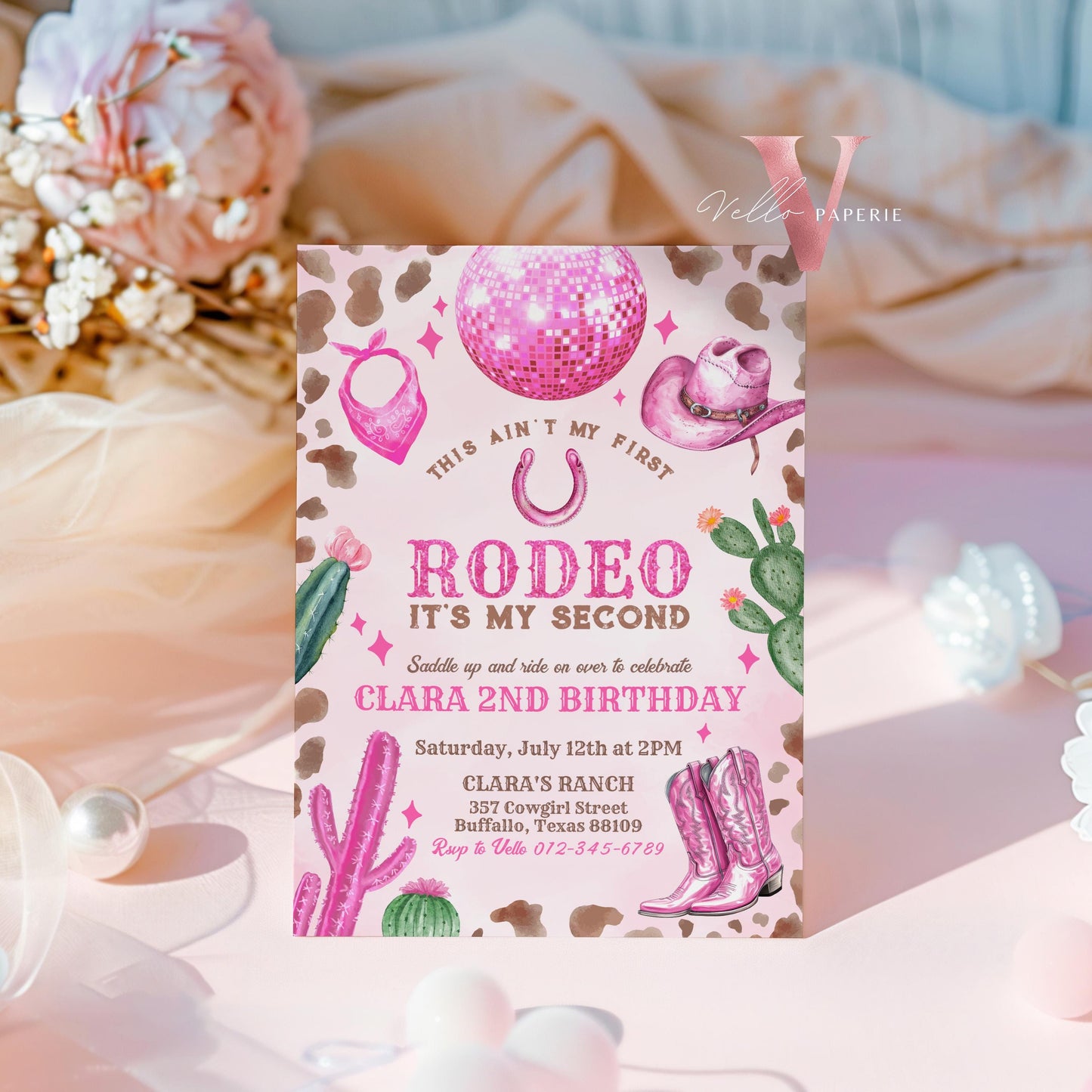 Full Edit Ain't First Rodeo Space Cowgirl Birthday Invitation | Pink Disco Cowgirl Party Invite | Any Age Rodeo Disco Western NashvilleParty